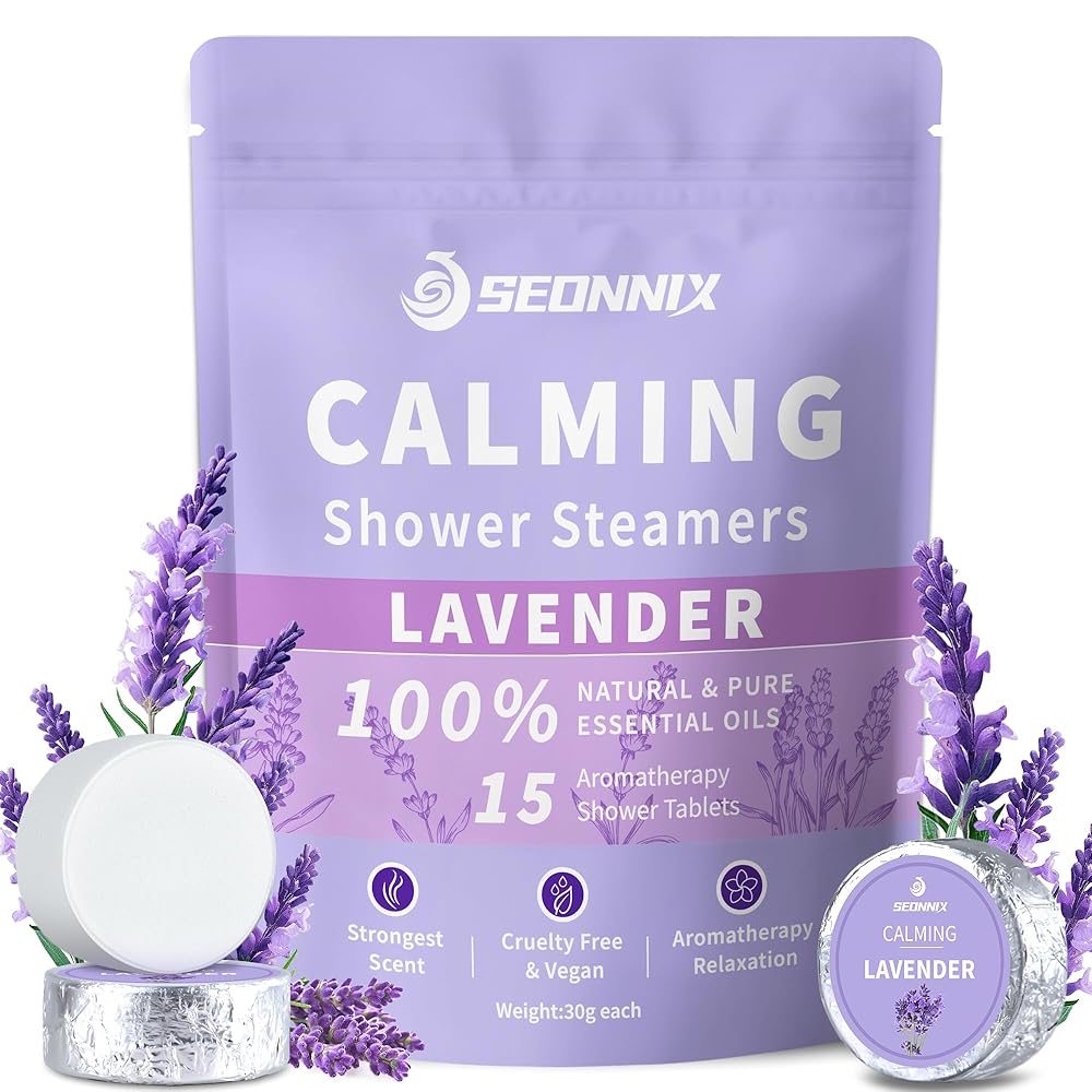 SEONNIX Shower Steamers Aromatherapy 15 Pack, Stress Relief & Self Care - Lavender Shower Bombs with Natural Essential Oil, Home Spa Shower Travel Essentials, Relaxation Birthday Gifts for Women & Men