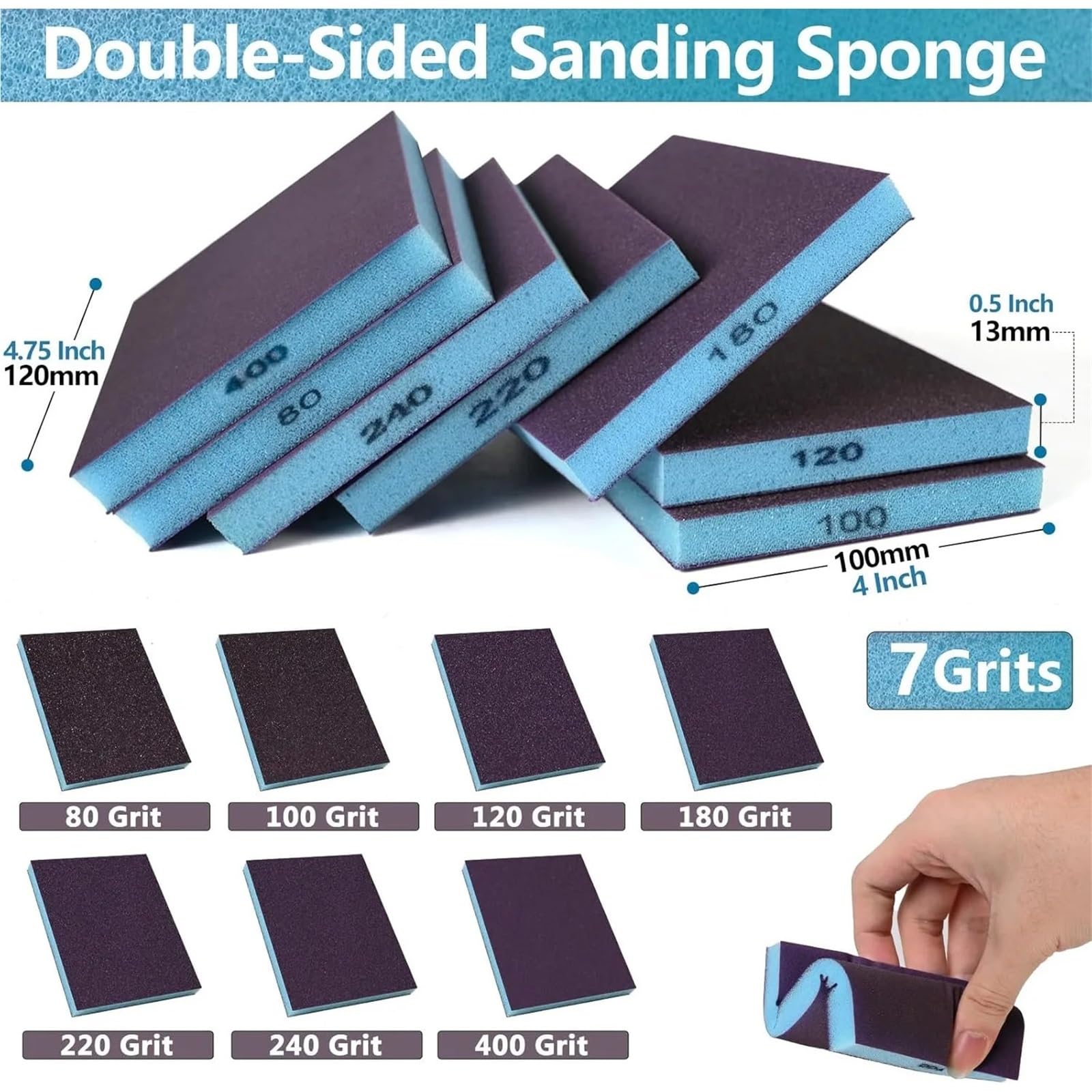 Lija Madera Paquete de 8 esponjas de Lijado de Doble Cara, Bloques húmedos y Secos 60-320#, Surtido Lavable for Madera Curvada, Pintura, Paneles de Yeso, Metal(8pcs-100 Grits)