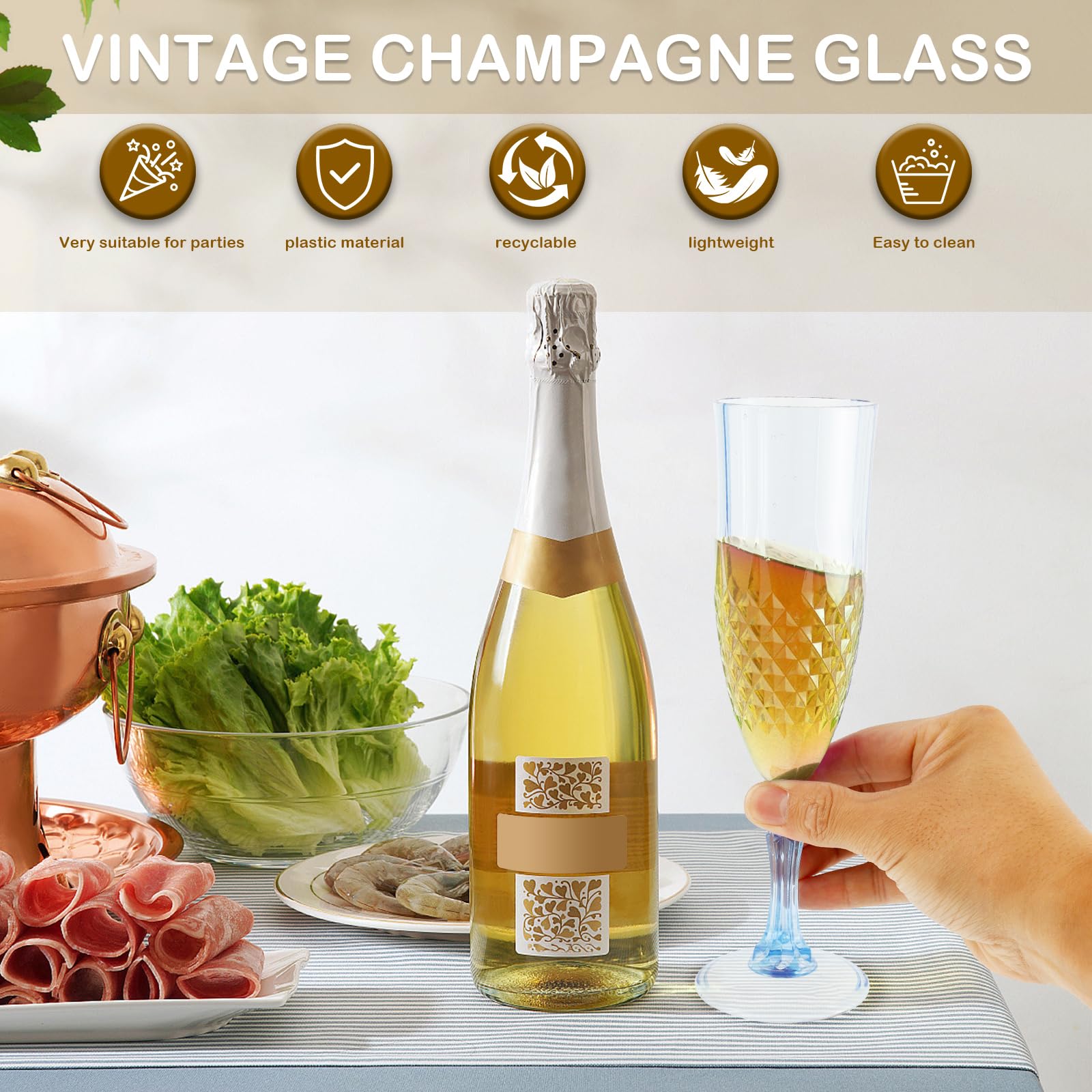 12 copas de champán de plástico con fondo plano, reutilizables, para bodas, aniversarios, cumpleaños, despedidas de soltera, copas de vino o cóctel, regalo (azul)