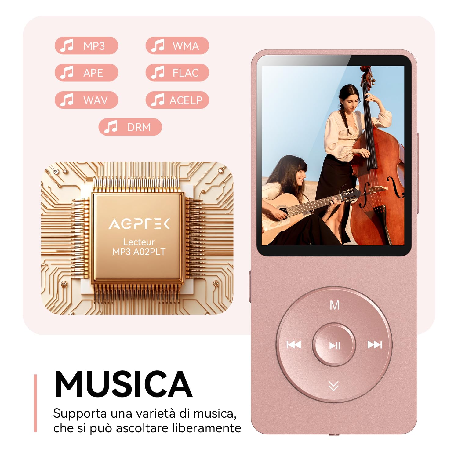 64GB Lettore MP3 Bluetooth 5.3, AGPTEK MP3 Lettore con Altoparlanti Sportivo, Musicale HiFi Lossless Portatile, Radio FM/Registrazione, (Cuffie Non Incluse), Rosa