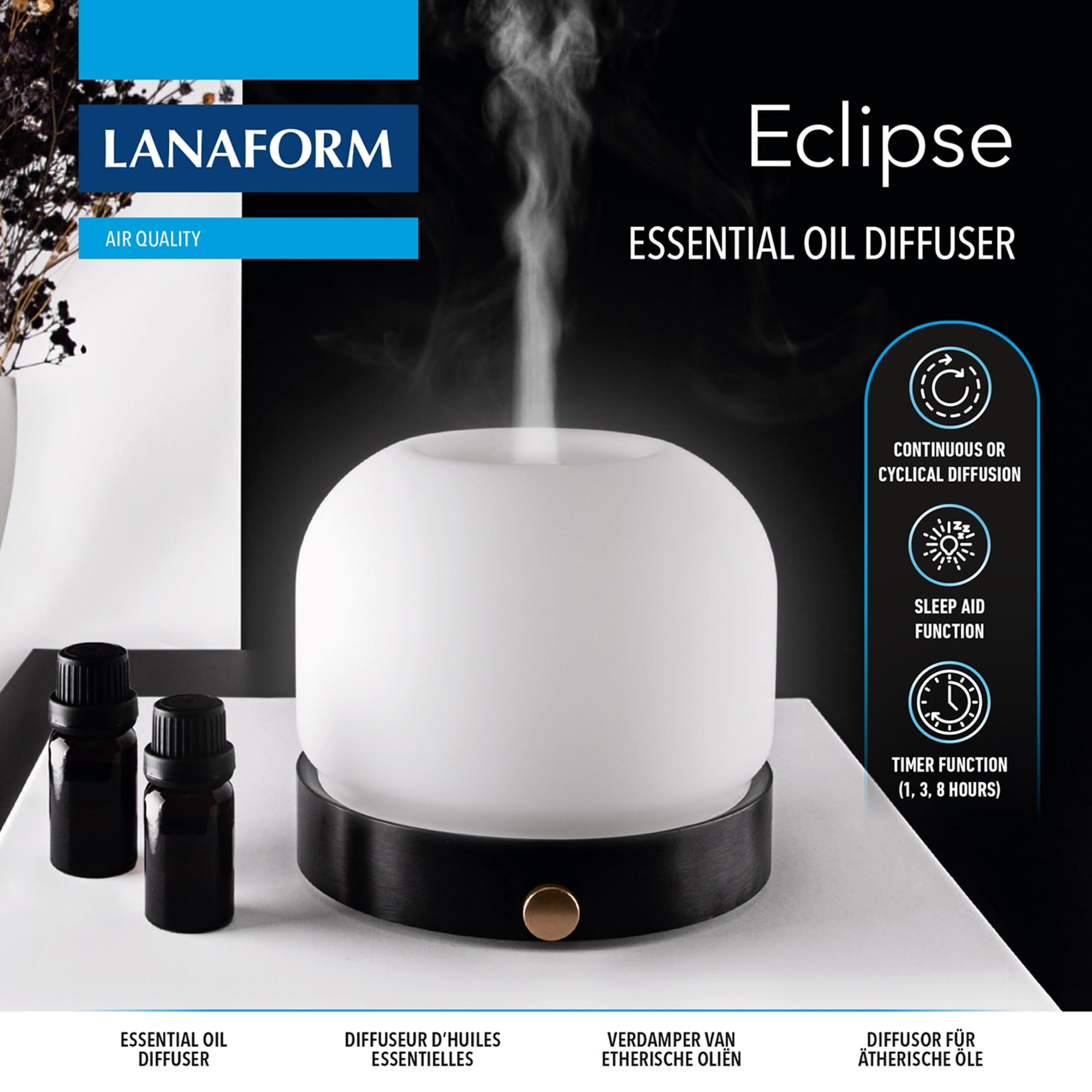 Eclipse - Diffusore OLI Essenziali Ultrasuoni - Aromaterapia Silenziosa - Humidificador Niebla Fría - Luz Nocturna LED Regulable - Ayuda Dormir Sueño – Dormitorio Relajación