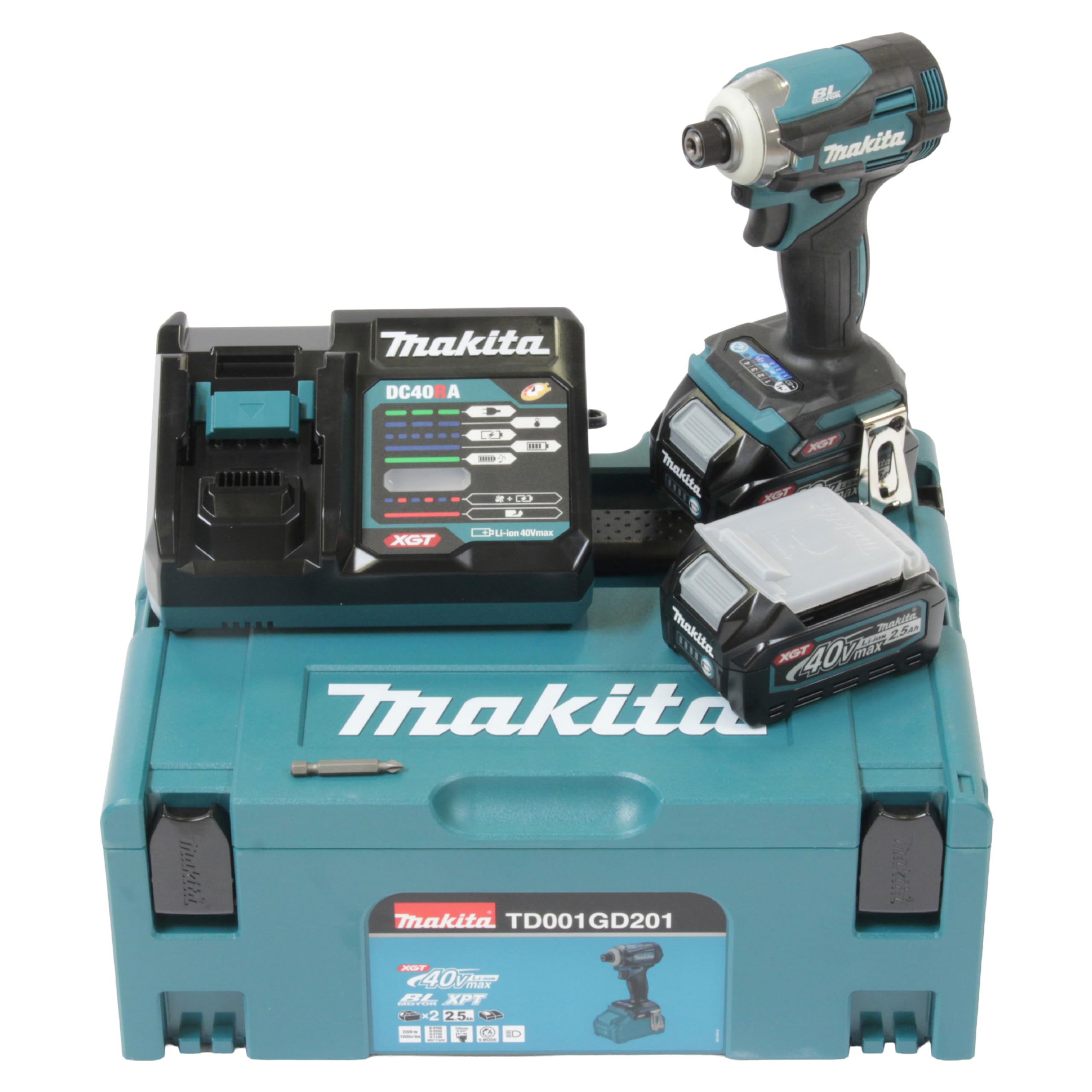 Makita TD001GD201 - Avvitatore a percussione a batteria, 40 V, max. 2,5 Ah, 2 batterie + caricatore in petrolio MAKPAC