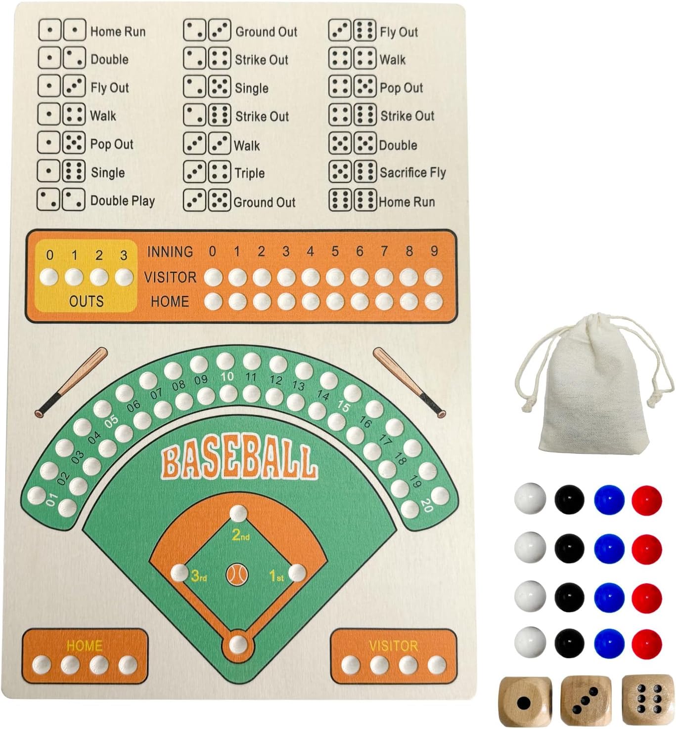 Wooden Baseball Board Game, Baseball Dice Board Game with Marbles, Classic Table Game for Home Party, Camping Family Gatherings, Travel, Game Night