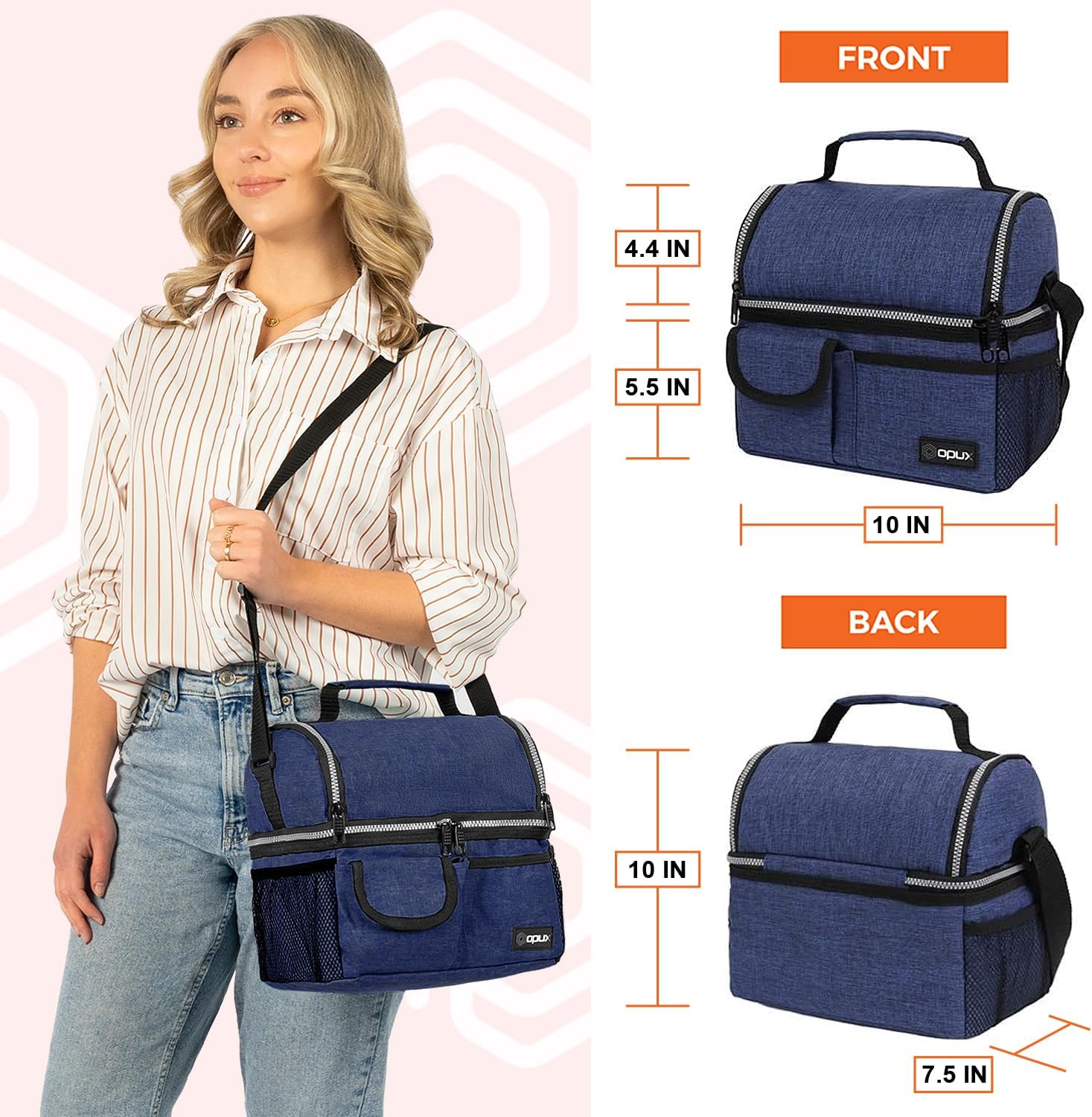 OPUX Lunch Box for Men, Adult Lunch Box Cooler, Insulated Lunch Bag Women, Dual Compartment Lunchbox for Work, Leakproof Double Decker Lunch Bag, Soft Lunch Pail Tote Boys Girls Kids School, Navy Blue - Image 3