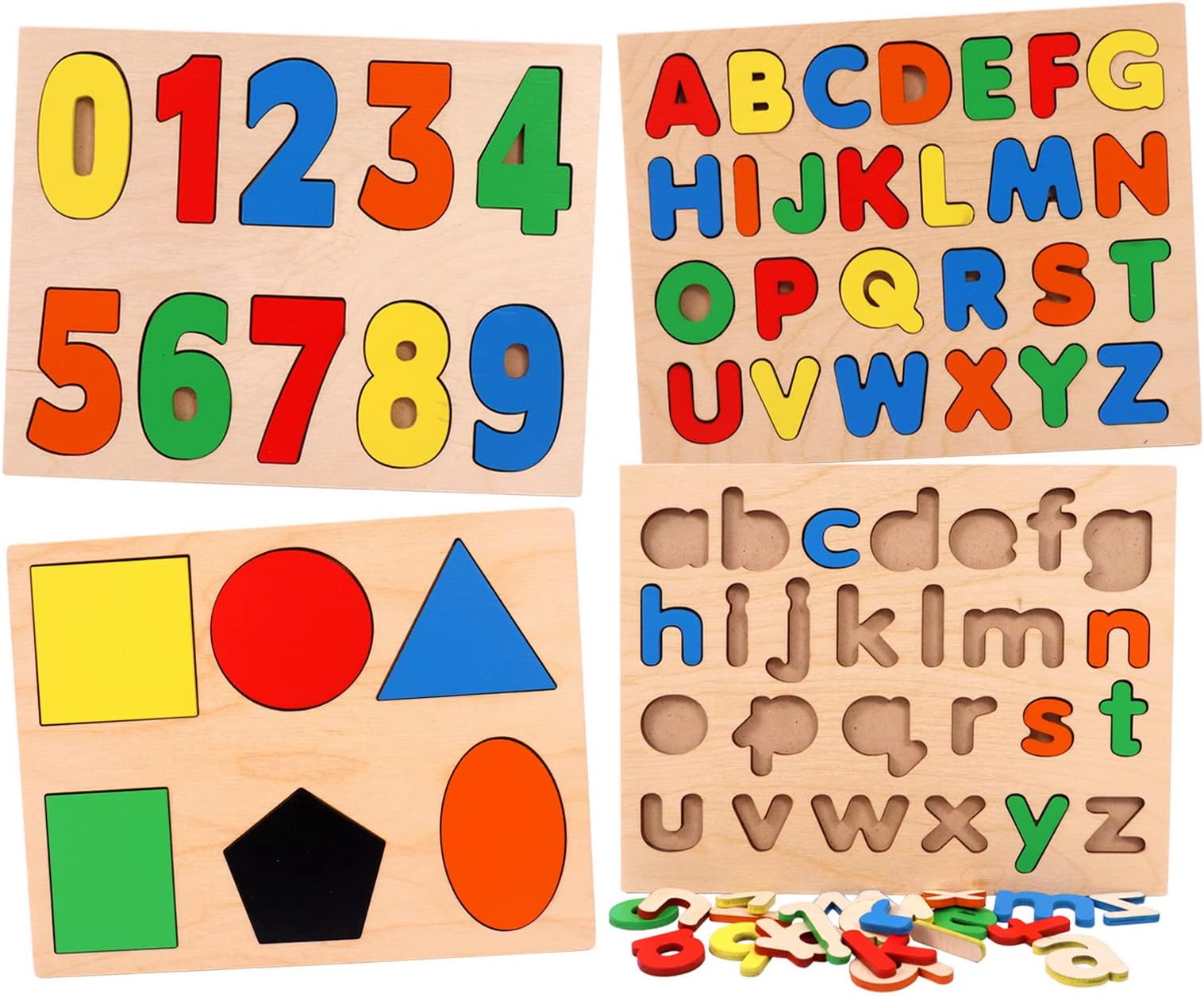 Toyshine Pack of 4 Wooden Toddler Puzzles | 123, Small ABC and Capital ABC and Shapes | Kids Educational Preschool Puzzles for Children Babies Boys Girls