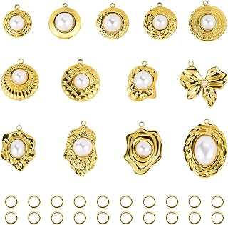 UMAOKANG 13pcs Artificial Pearl Charms for Jewelry Making Gold Plated Stainless Steel Bulk Charms with 20pcs Jump Rings