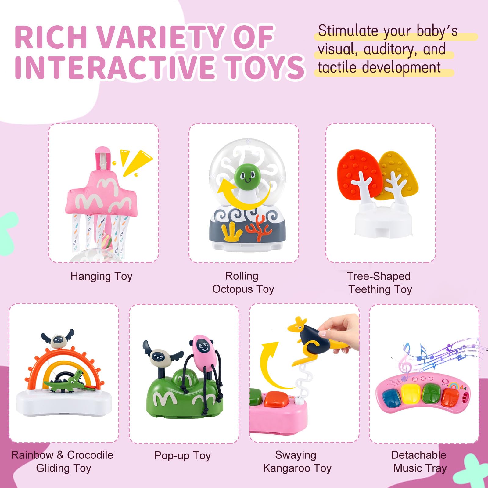 COSTWAY Baby Activity Center, Baby Jumpers & Bouncers with 360° Rotary Seat, Music, Lights, 3 Adjustable Heights, Interactive Toys, for Ages 6 Months + (Pink) - 3