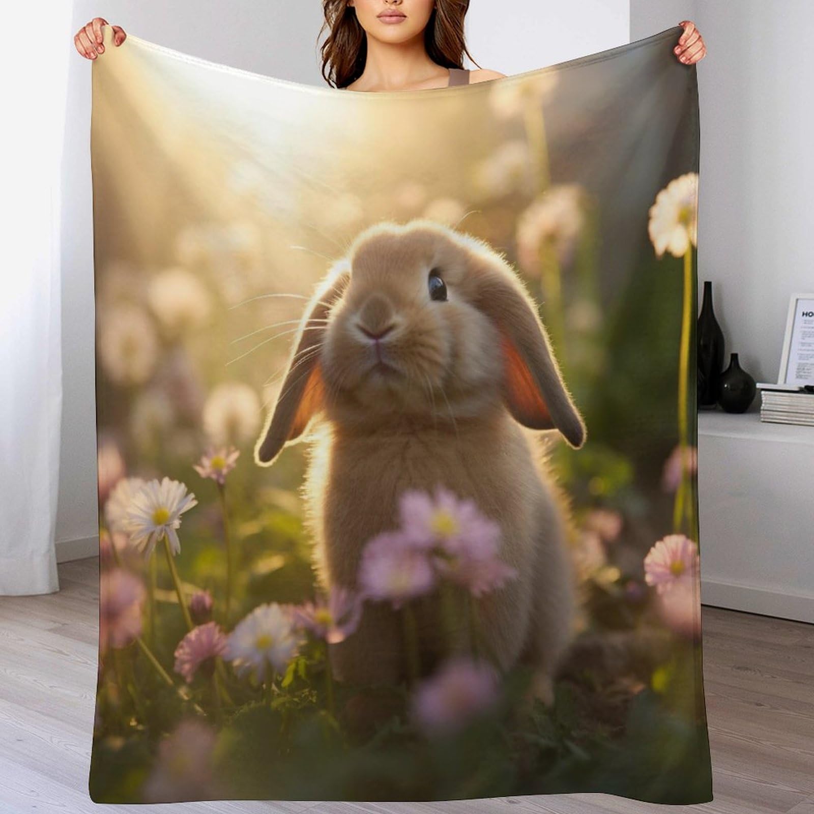 Couverture polaire lapin 180x200cm, plaid doux lit et canapé