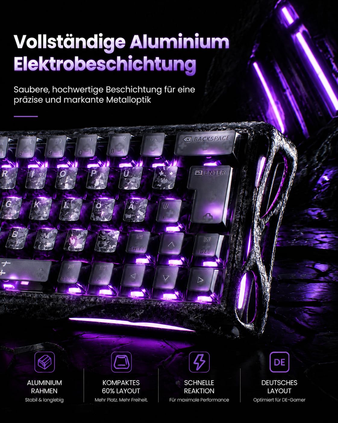 GravaStar Mercury V60 Pro 60% klawiatura do gier z efektem Hall, układ QWERTZ, częstotliwość 8000Hz, klawiatura z szybkim spustem, 0,005mm RT, magnetyczne przełączniki, SnapKey, aluminiowe CNC