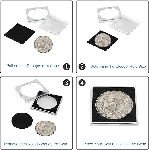 Miniatura 6 de Soportes para monedas, 20 soportes para monedas de dólares plateados, fundas transparentes para coleccionistas con 5 tamaños de junta negra de