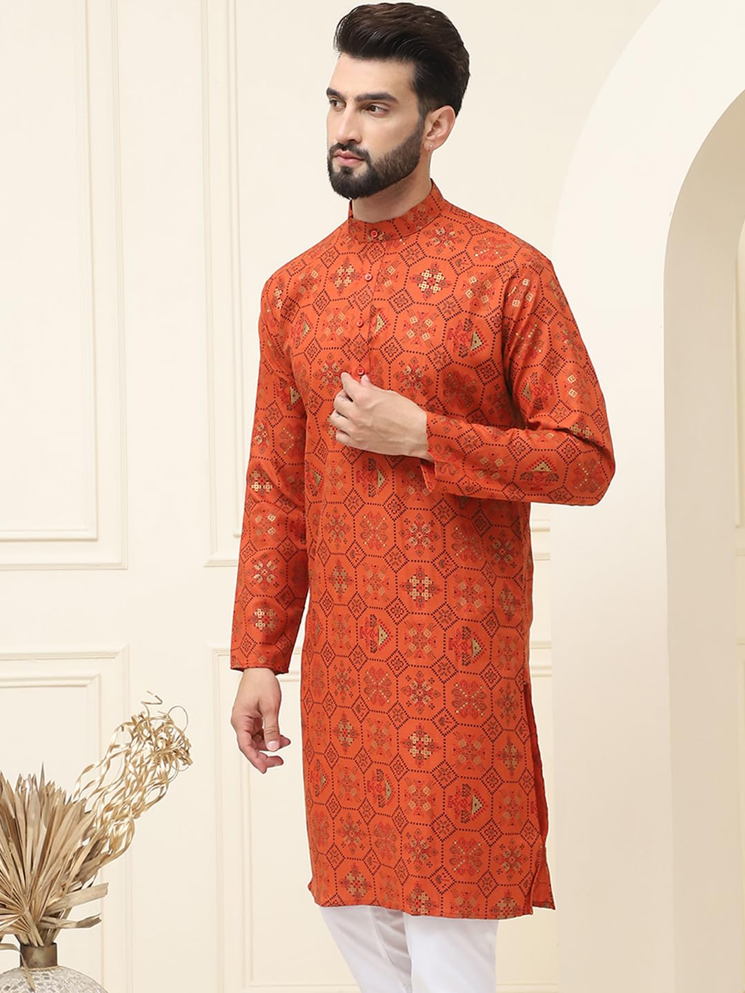 Sojanya (Since 1958 Men's Cotton Blend Printed Orange Only Long Kurta