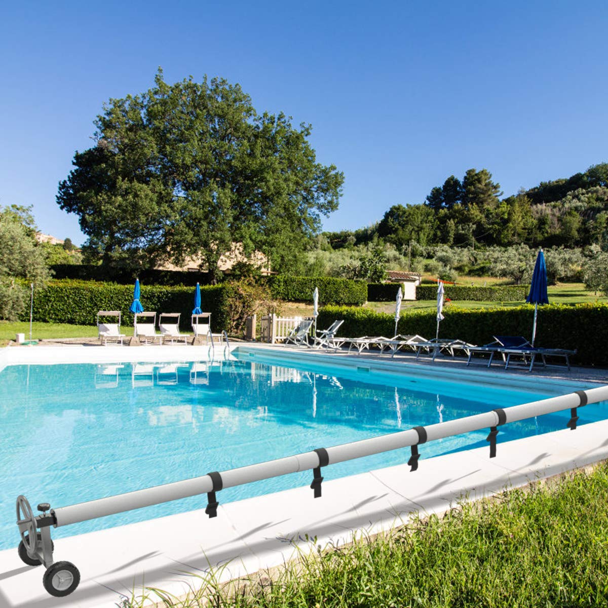 GOPLUS Enrollador de Cubierta de Piscina con 4,2-4,66 m Longitud Ajustable, Enrollador Lona Piscina de Acero Inoxidable con 8 Cintas de Fijación y Ruedas