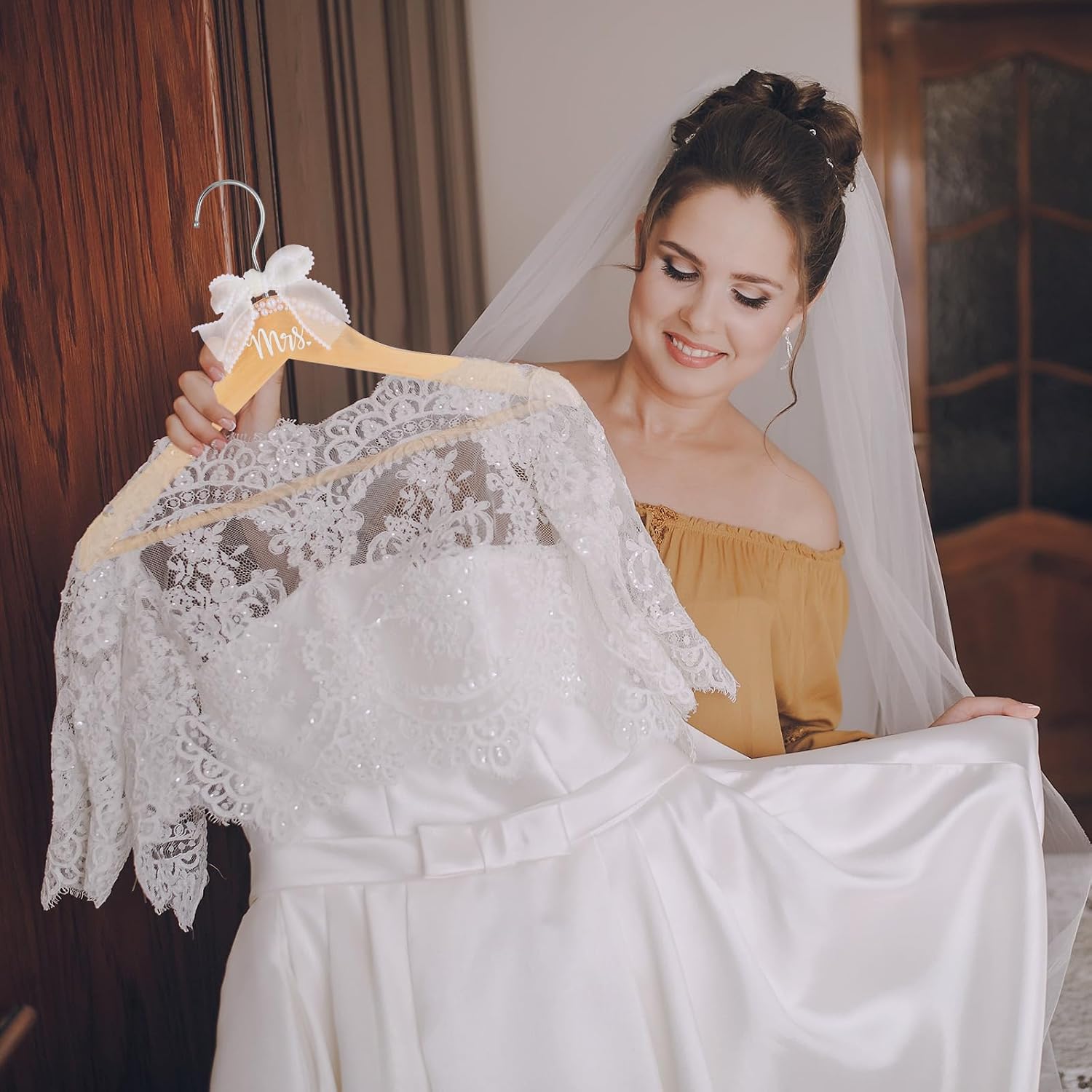Bride Hanger Wedding Dress Mrs. Hanger with Pearl Ribbon Bow Wooden Hangers for Wedding Gift Bridal Shower Party Supplies (Mrs Wood Color)