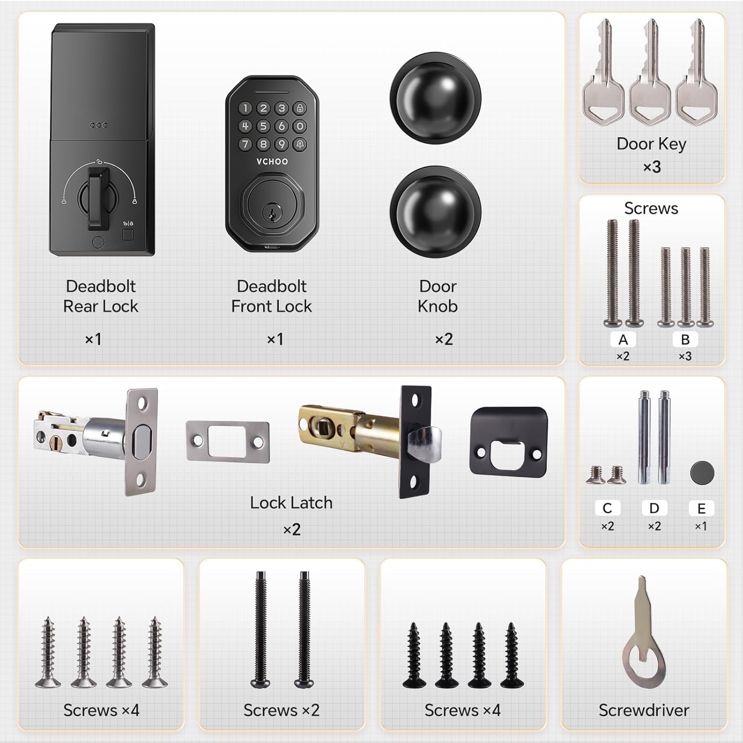 Contents of the VCHOO SL02 Keyless Entry Door Lock package, including the deadbolt, door knobs, keys, latch, and various screws.