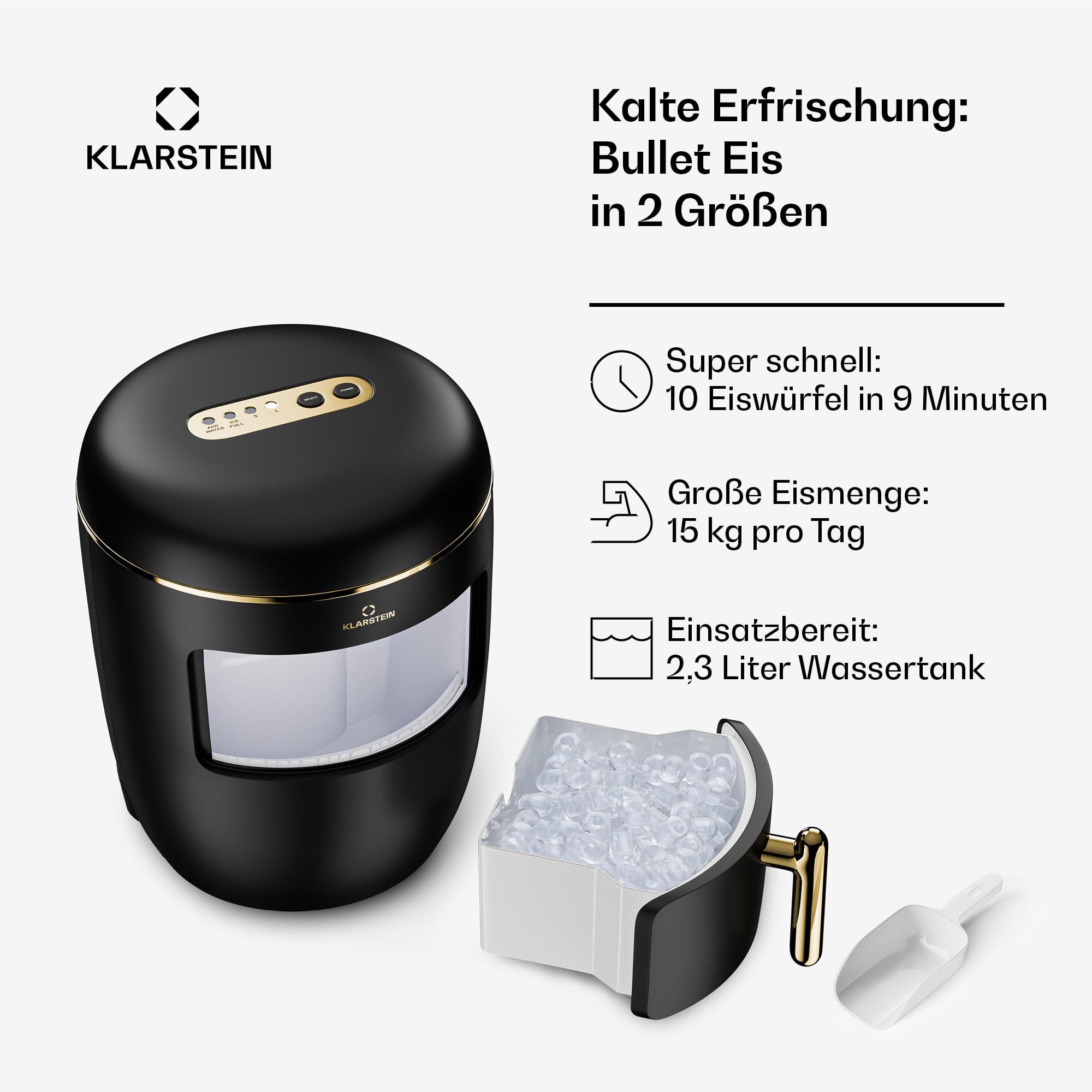 Klarstein 1.5L Small Ice Maker Machine, Counter Top Ice Machine For Home And Kitchen, Fast Operation, Makes 12 Kg Of Large-Sized Cubes, Touch