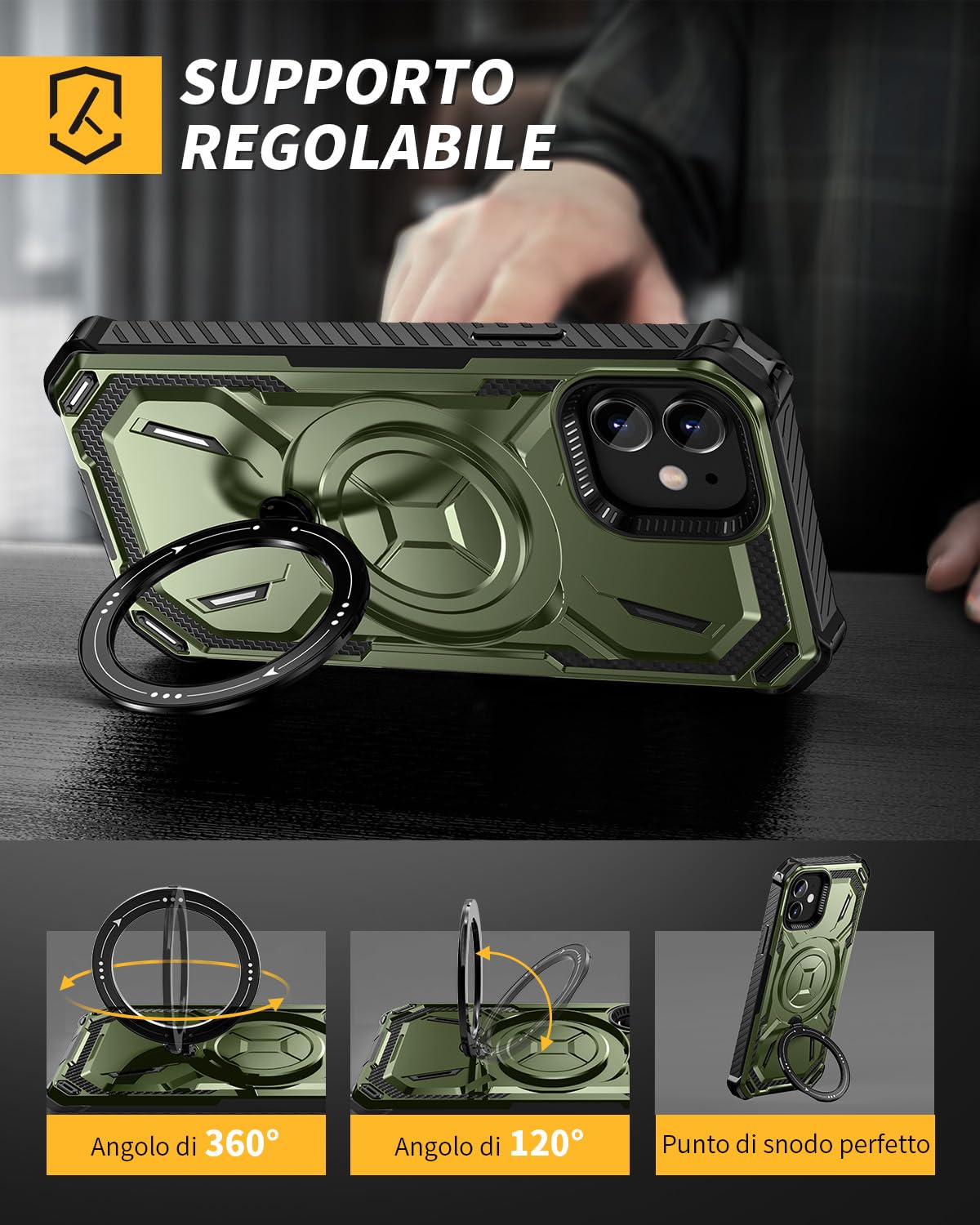Lanhiem Cover iPhone 12/12 Pro con 2 Pezzi 9H Vetro Temperato, Supporto Magnetico ad Anello a 360°Protezione Antiurto Anticaduta di Livello Militare Armor Custodia iPhone 12 Pro / 12, Verde