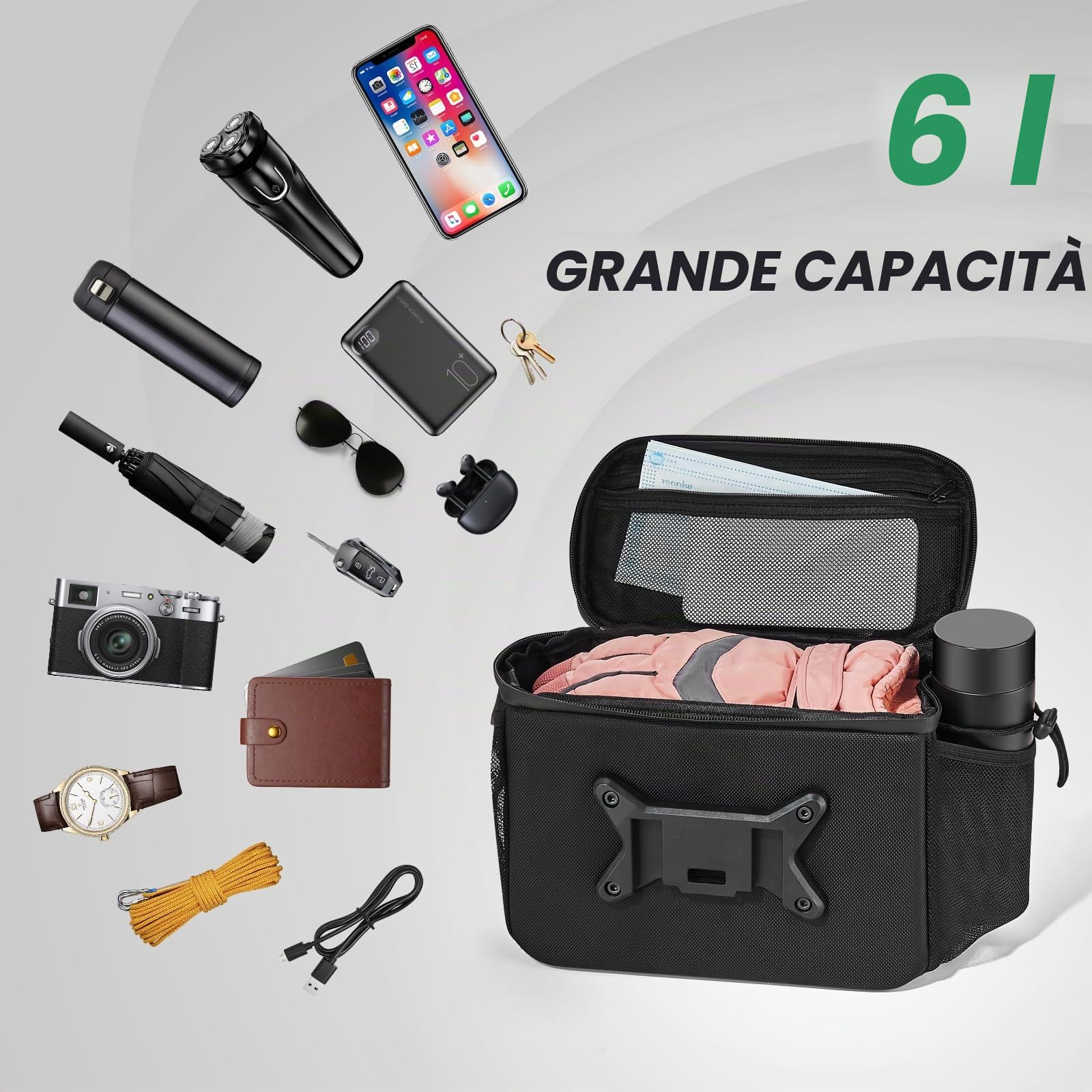 Borsa da Manubrio Bici con Adattatore per Bicicletta e Bici Elettrica, 6L impermeabile Cestino Bicicletta Anteriore con Touchscreen e Supporto Telefono, Borsa Telaio Bici con spallina