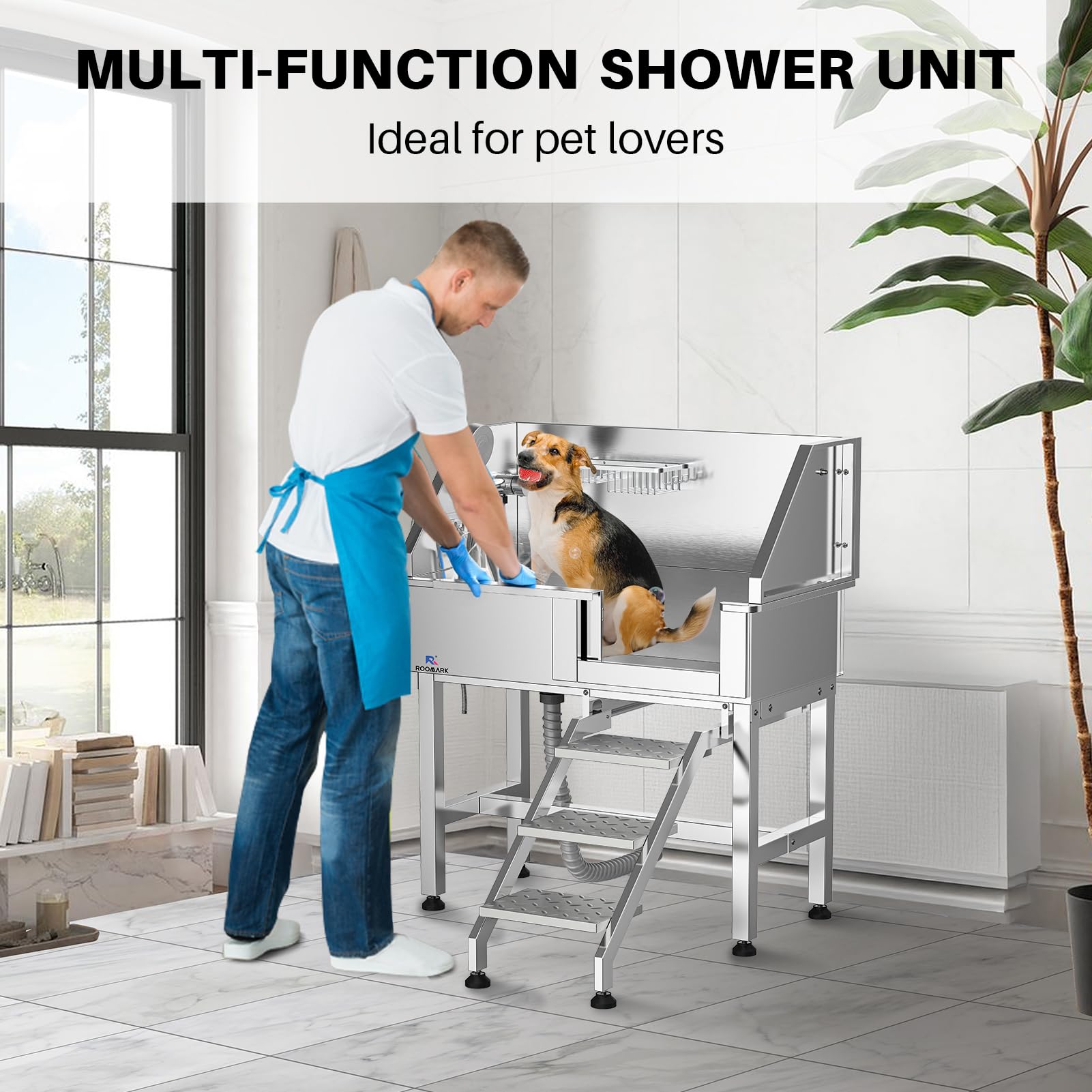 Bañera profesional para perros de 86 cm con escalera, piscina para perros de acero inoxidable con cabezal de ducha y puerta corredera, capacidad de carga de 50 kg, bañera para perros medianos
