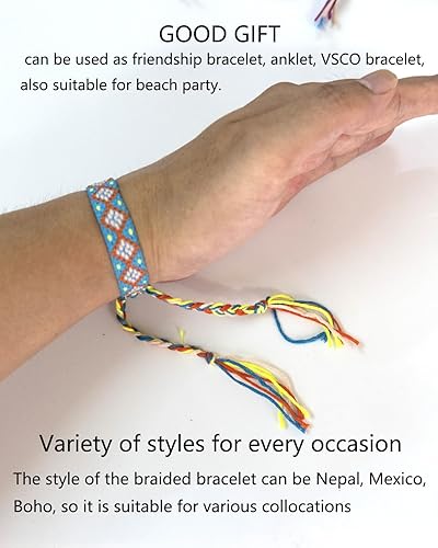 Miniatura 6 de Pulseras tejidas de la amistad, tobilleras ajustables de Nepal y México, 0.45 pulgadas de ancho, diseño en forma de diamante, 12 pulseras trenzadas