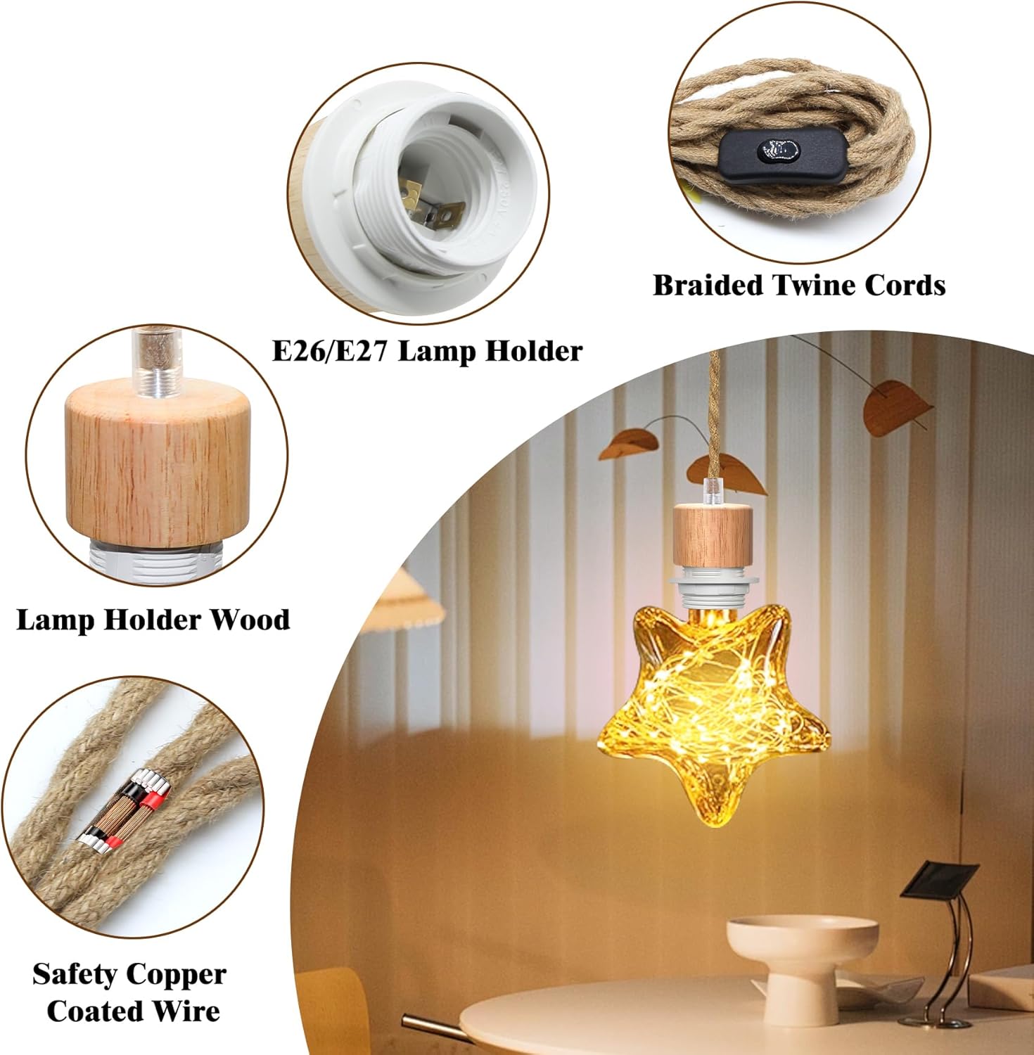 2 Pcs Plug in Hanging Light Kit, Vintage Hanging Pendant Lamp with On/Off Switch, 500 CM Hemp Rope Plug in Ceiling Light Fixture, E26 E27 for Farmhouse Lamp Cable DIY(No Bulb)
