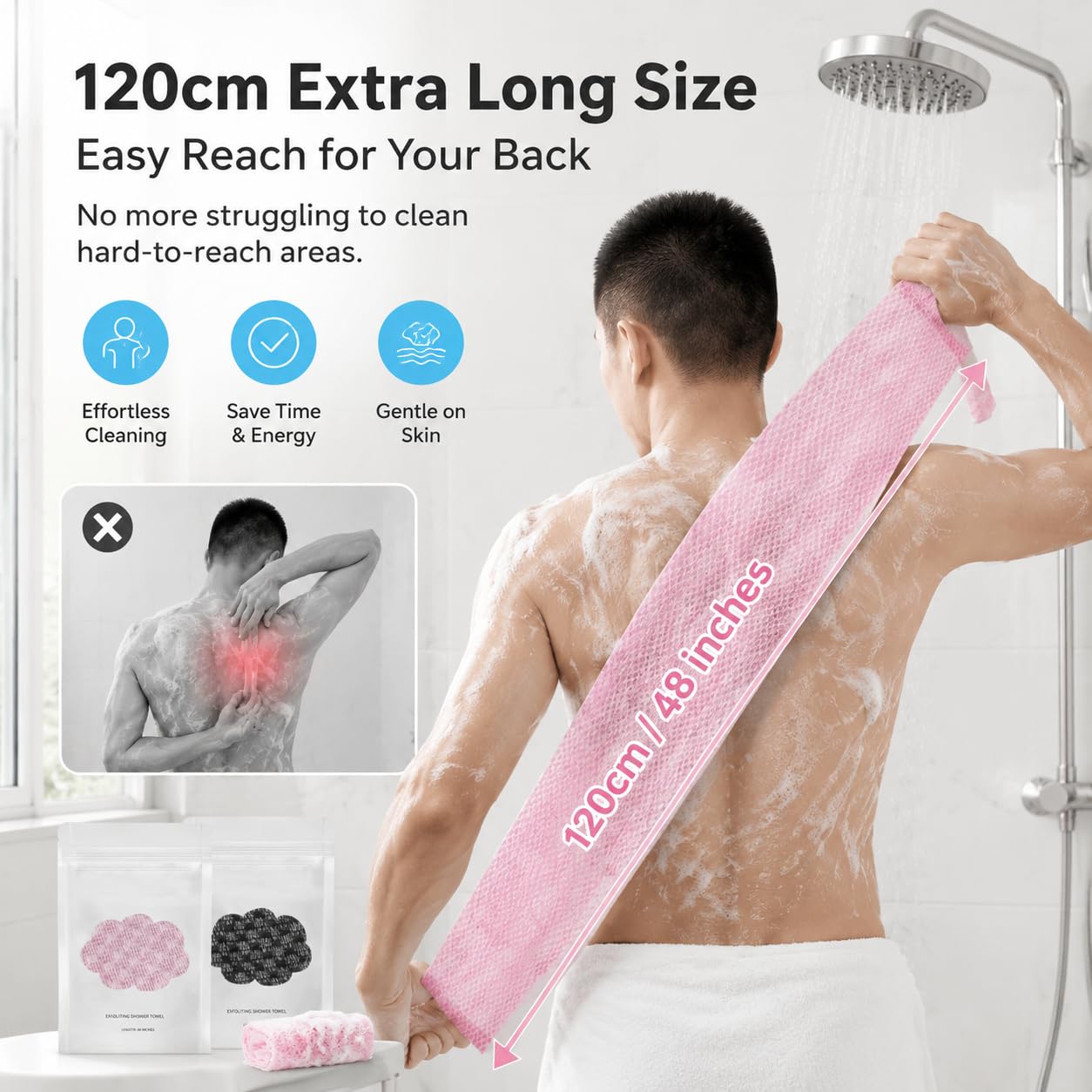 Peeling Duschtuch, 120 x 28 cm Extra Lang Antibakteriell, Exfoliating Antibacterial Shower Towel, Doppelseitiges Badezubehör, Afrikanische Netz Schwamm für Männer und Frauen