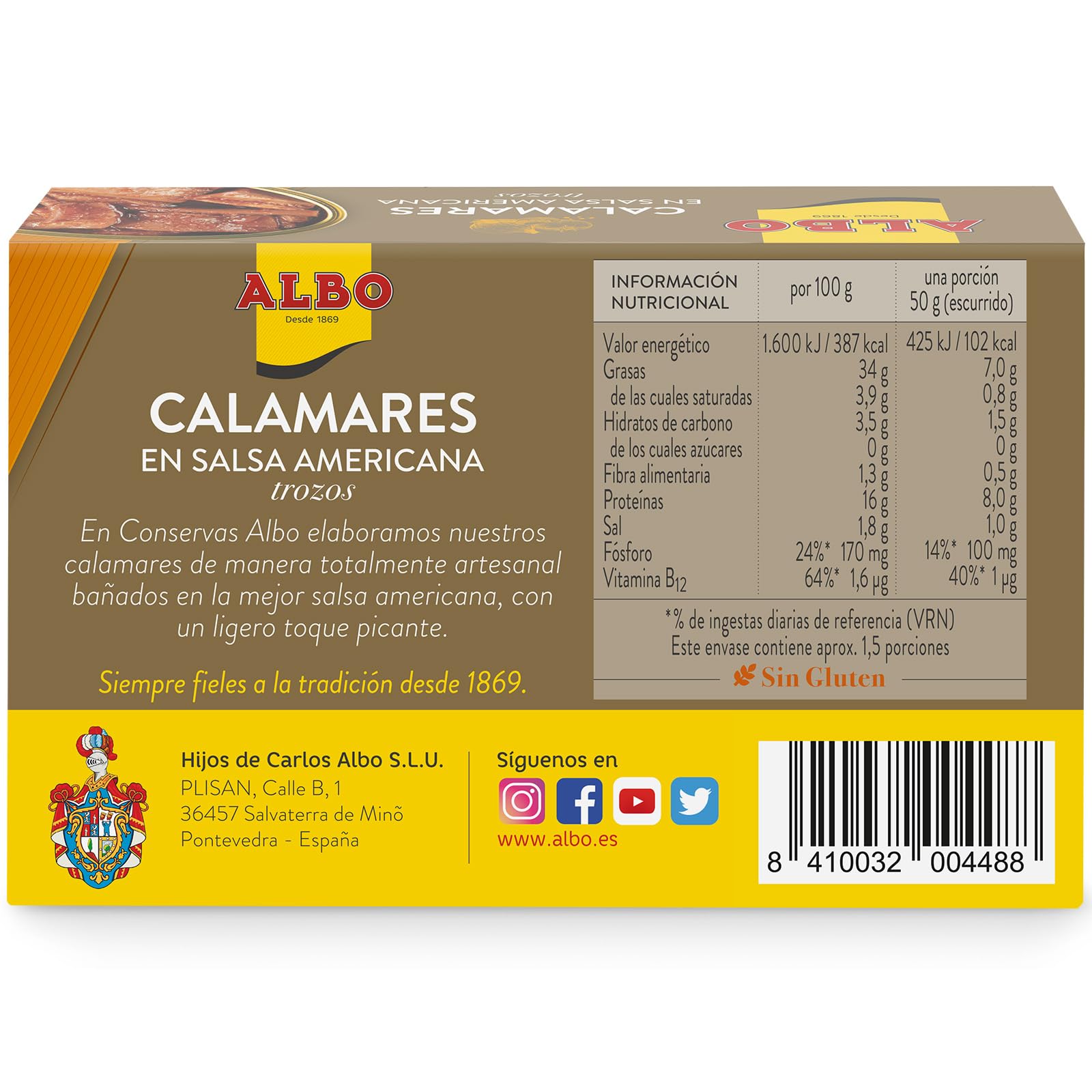 Albo Conserva de Calamares en Salsa Americana en Trozos, Lata 112 g