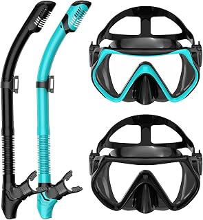 Snorkeling Gear for Adults, Adult Snorkel Mask Set Scuba Diving Dry-Top, Swimming Goggles w/Nose Cover, HD Tempered Glass Panoramic Anti-Leak Anti-Fog, Travel Snorkeling Packages