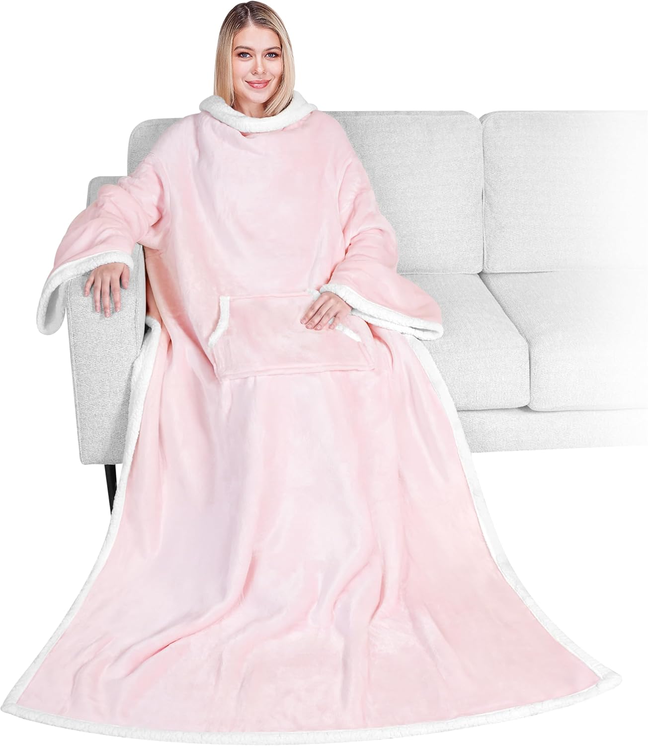 PAVILIA Sherpa Wearable Blanket with Sleeves and Pocket, Plush Thick Cozy Body Blanket Wrap for Adult Women Men, Christmas Gift for Wife Mom, Light Pink