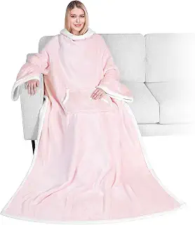 PAVILIA Premium Sherpa Fleece Blanket with Sleeves for Adult Women, Men | Cozy, Warm, Super Soft, Plush Blue Wearable Throw for Couch, Sofa | Lightweight Microfiber (Light Pink)