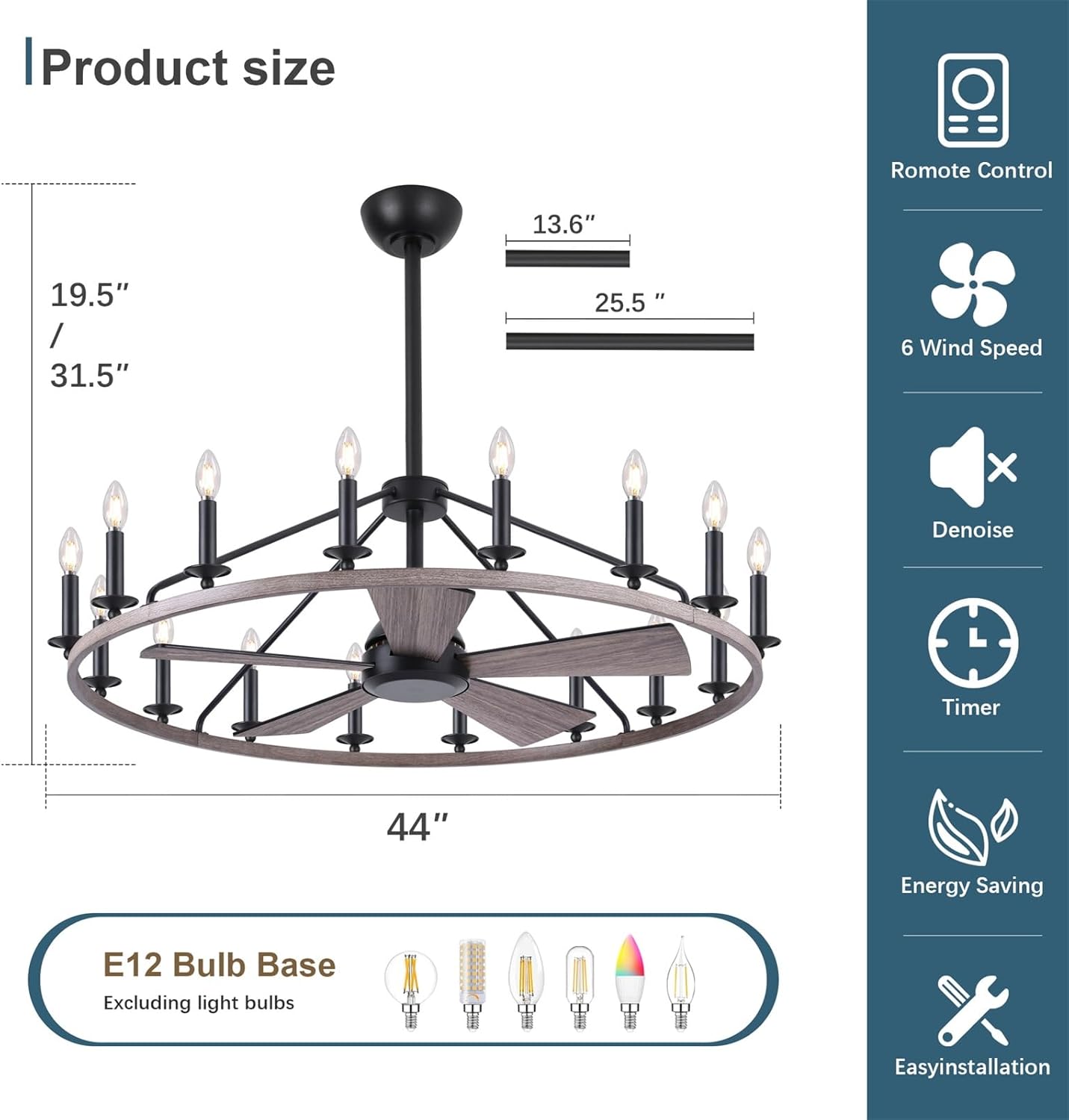 COCOSTAR 44" Wagon Wheel Chandelier with Fans, Wagon Wheel Ceiling Fan with 16-Lights and Remote, Farmhouse Chandelier for Living Room, Adjustable Height, 6-Speed Reversible Quiet Large Fandelier