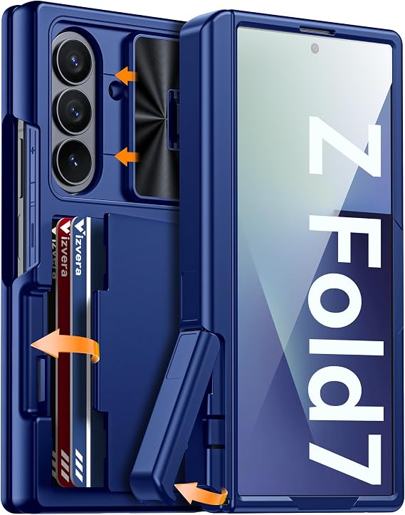 Vizvera Samsung Galaxy Z Fold 7 Case, RFID Wallet with Card Holder Kickstand Camera Cover Shockproof Silicone Protective Case for Z Fold 7 2025-Blue