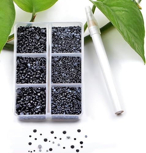Miniatura 4 de Bymitel Hotfix - Gemas redondas de diamantes de imitación de cristal para manualidades, mezcla de 6 tamaños con kit de lápiz de cera, negro de