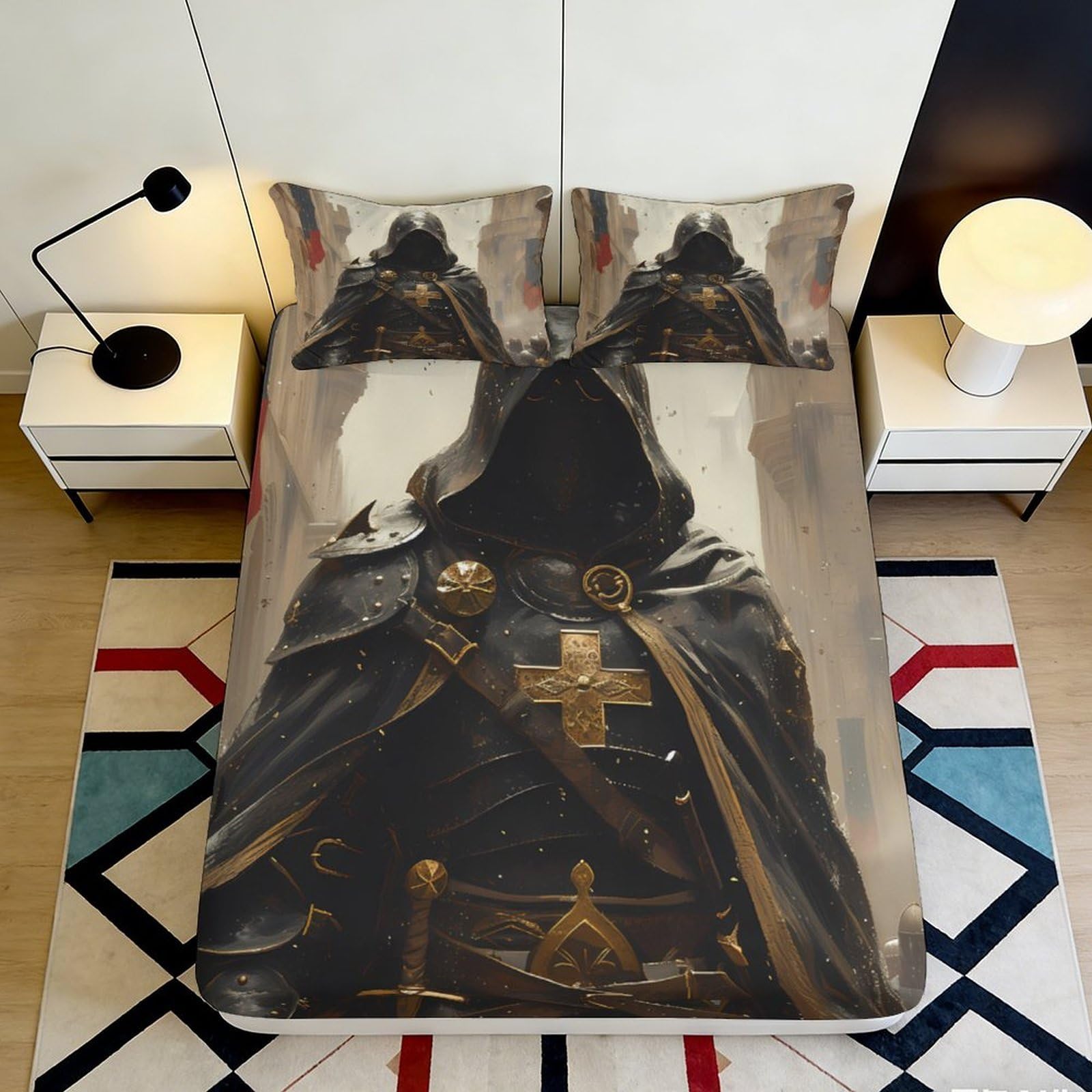 Uynsixtme Style-9 3D Printed Knight Theme Fitted Sheet Microfiber Elastic Hem Full Wrap Bedroom Bedding Knight Mattress Fitted Cover Deep Pocket Washable 90X200x25cm