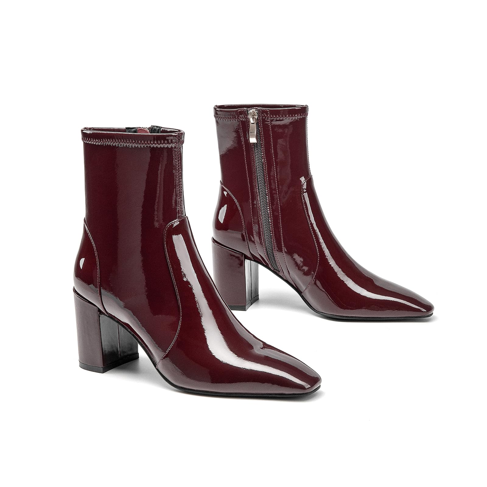 BEAU TODAY Womens Chunky Heel Ankle Booties Patent Leather Square Toe Side Zipper High Heeled Boot Shoes