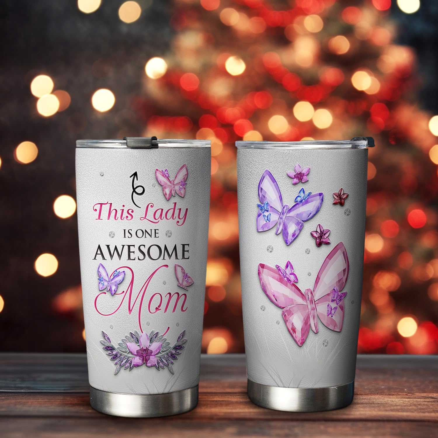64HYDRO 20oz Jewelry Crystal Flower Butterfly Mom Tumbler, This lady is one Awesome Mom, Grandma, Mother Gifts, Stainless Steel Double Wall Vacuum Insulated Coffee Mug, Travel Cup with Lid
