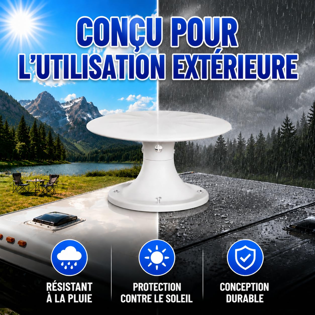 Antena de TV al aire libre TDT HD con amplificador, recepción de largo alcance 360° DVB-T2 - Antena rastrillo resistente a la intemperie - Compatible con TV digital y Smart TV - Cable 4K UHD (RVWhite)