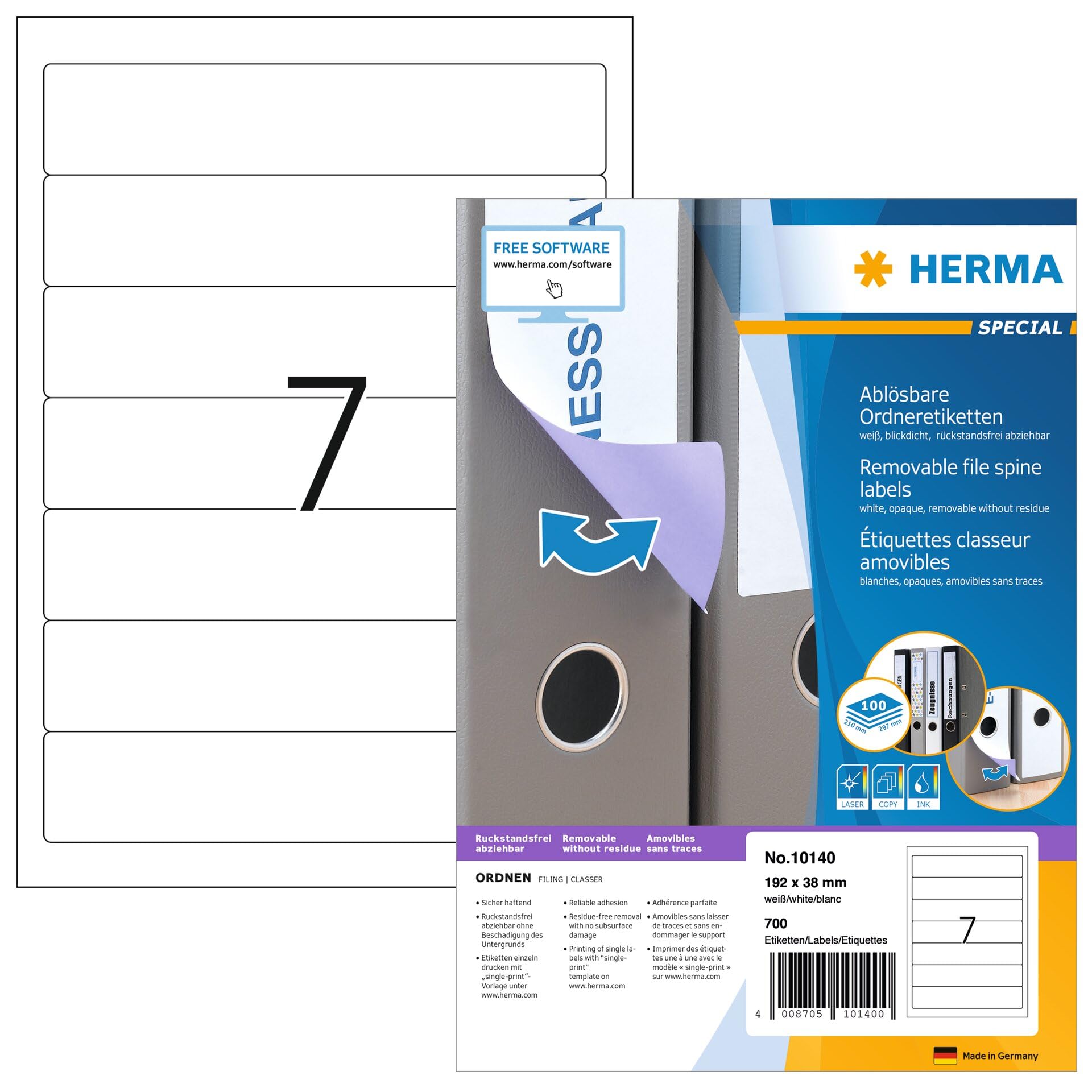 HERMA 10140 etykiety na grzbiecie segregatora DIN A4, odklejane, krótkie/wąskie (192 x 38 mm, 100 arkuszy, papier, matowe), samoprzylepne, nadają się do drukowania, zdejmowane, samoprzylepne etykiety do segregatorów, 700 etykiet na grzbiecie, białe