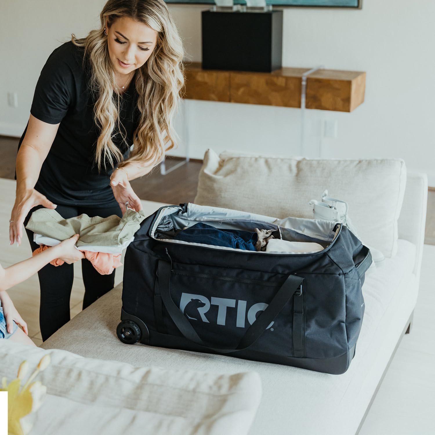 RTIC Road Trip Rolling Duffle Bag with Wheels for Men and Women, Traveling Tote for Camp, Travel, Gym, Weekender, Camping, Overnight Carry On, Sports, Spacious, Water Resistant, Large, Navy & Denim