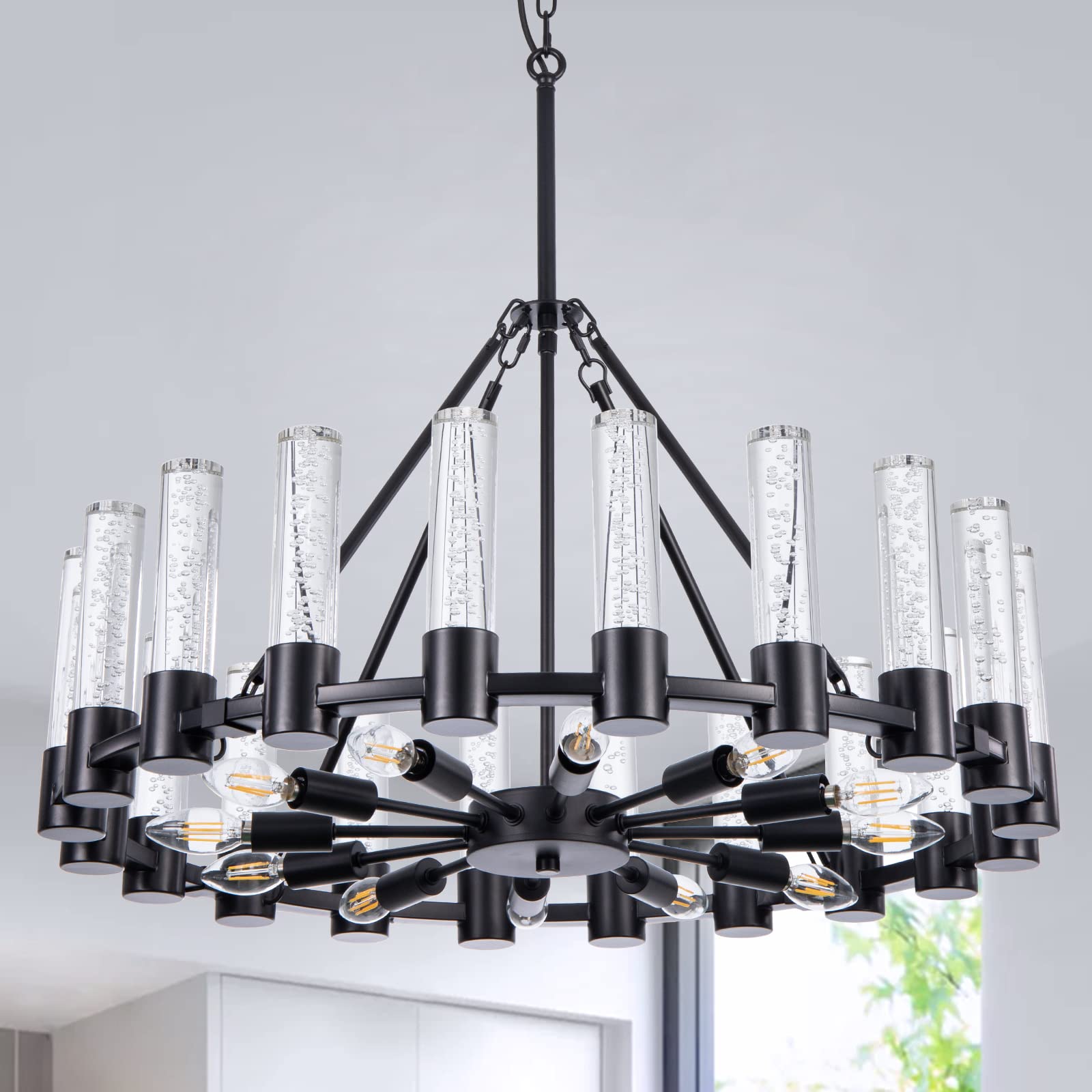 Wellmet Black Wagon Wheel Chandelier for Dining Room, Modern Round 12-Light Wheel Chandelier, 30''Dia Black Chandelier Lighting for High Ceiling, Living Room, Foyer, Entryway, Hallway, Bedroom (STOCK PHOTO SIMILAR BUT NOT EXACT)