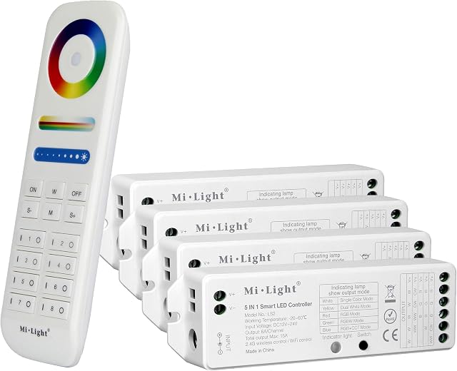 lighteu®, Milight Miboxer Remote Control Kit: Pack of 4X 5in1 Smart LED Strip Controller and a 8-Zone Remote 4X LS2 + FUT089