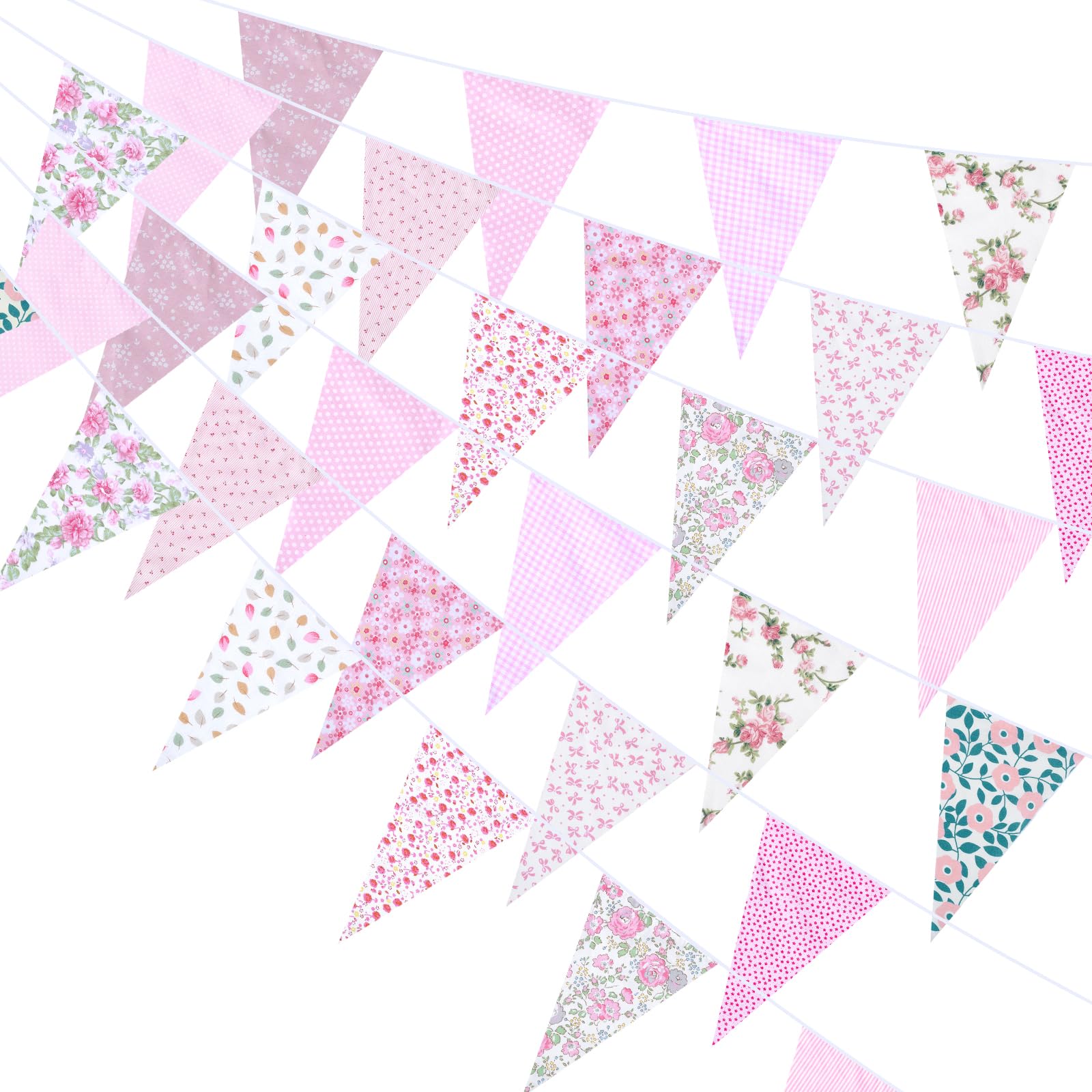 10M/32.8Ft Fabric Bunting, 30pcs Large Bunting Banner Cotton Vintage Floral Triangle Flags for Christmas Garden Birthday Party Outdoor Hanging Decoration（Pink）