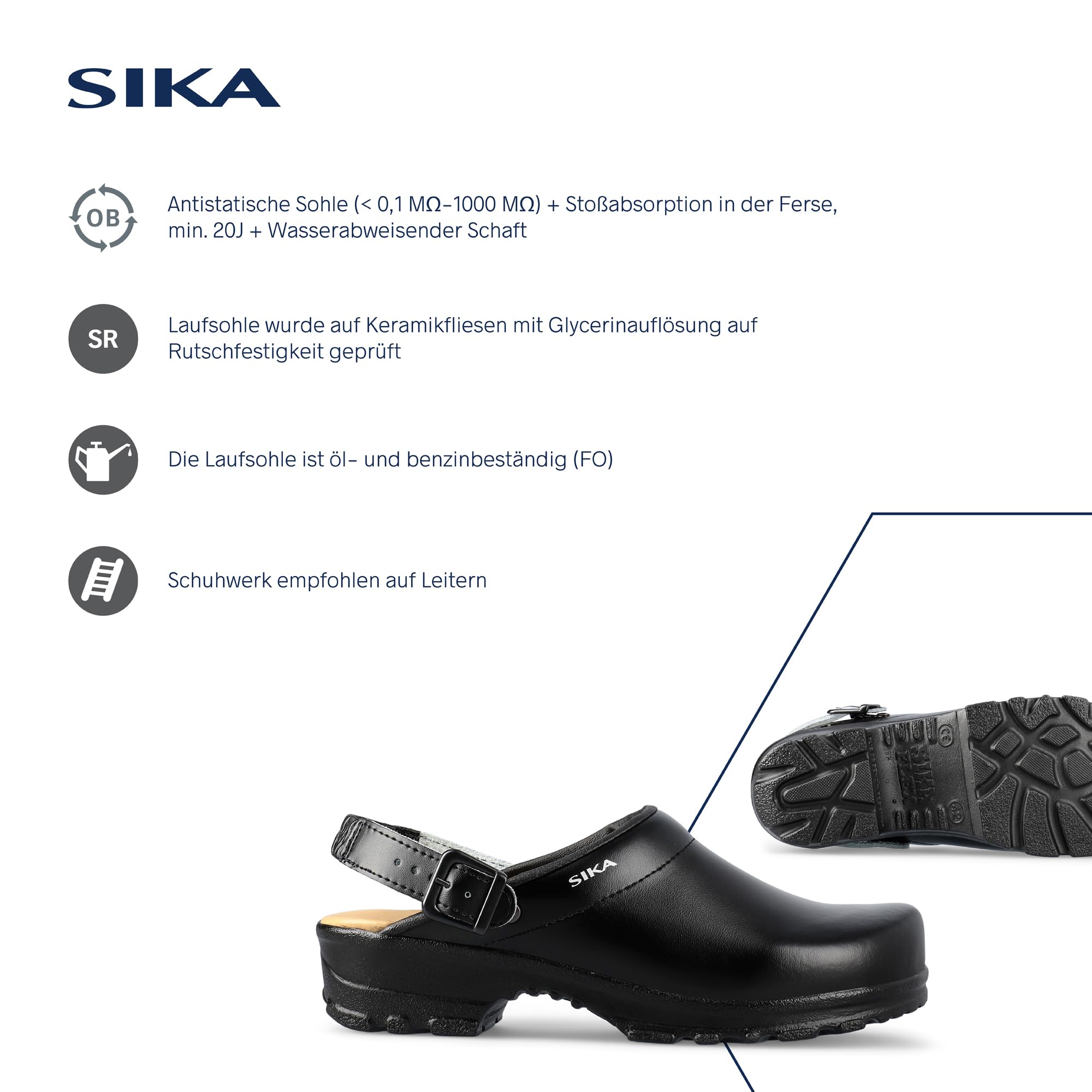 SIKA Unisex Flex LBS Komfort-Clog, weiches LBS-Fußbett mit Fersenriemen,breite Passform,Permair-Lederschuh,rutschfeste PU-Laufsohle für Krankenhäuser, Lebensmittelindustrie, Gastronomie & Pflegeberufe
