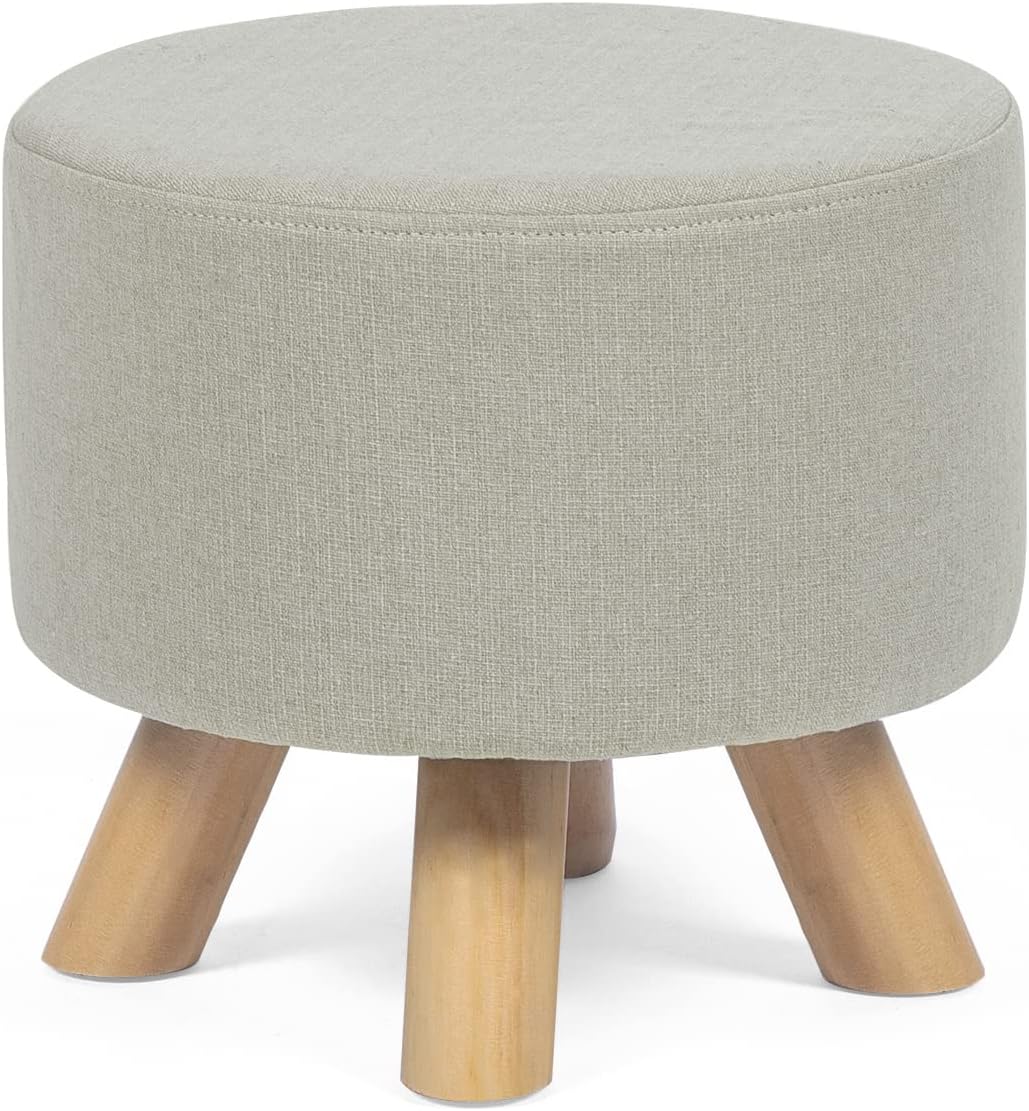 Asense Round Ottoman Foot Rest Stool Linen Fabric Padded Small Seat Ottoman with Non-Skid Wooden Legs Beige Grey