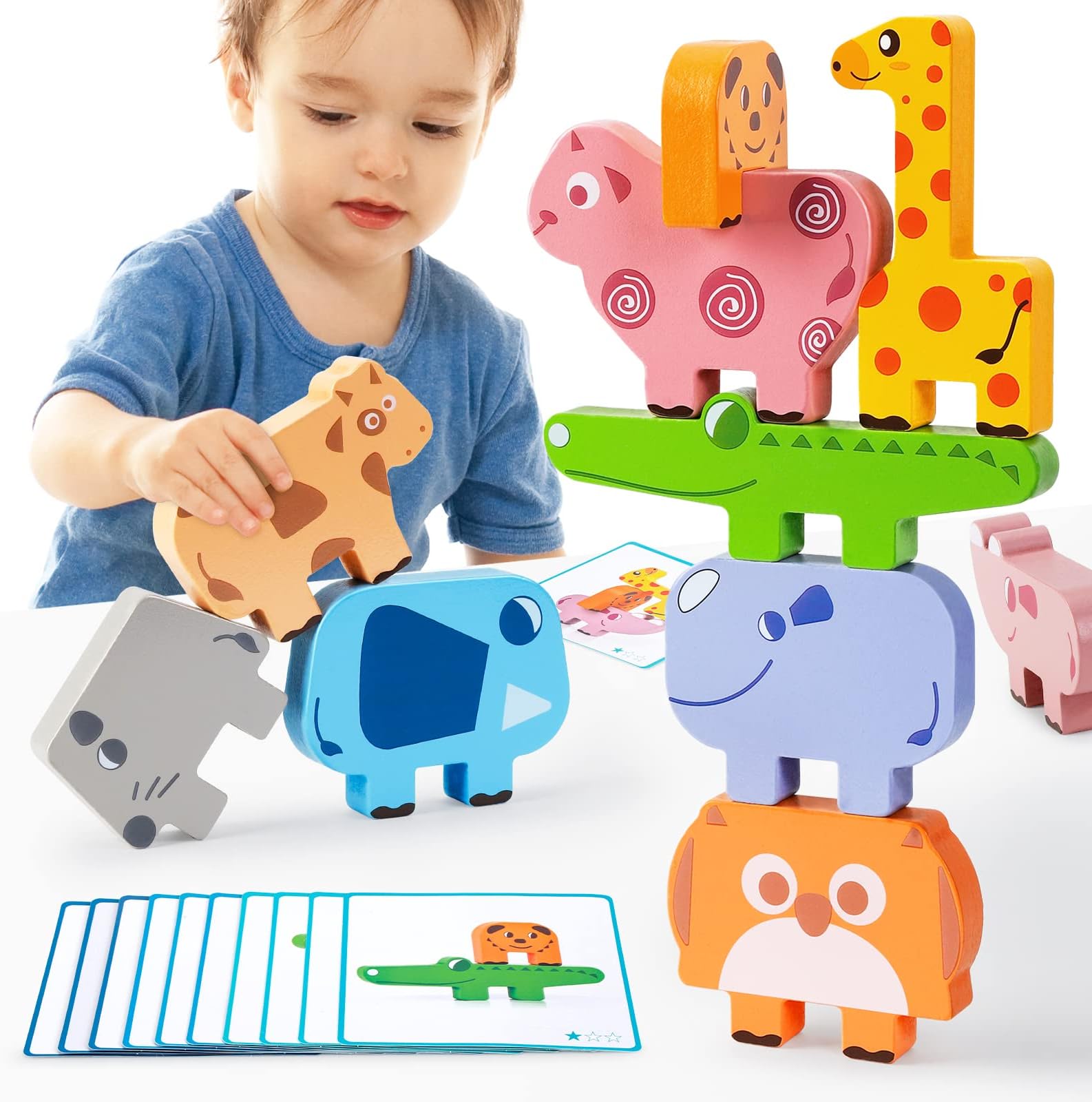 LULULIA Wooden Toys Stacking Animal, Montessori Toys for Toddler with Game Cards, Christmas Birthday Gifts for 3+ Year Old Boys Girls
