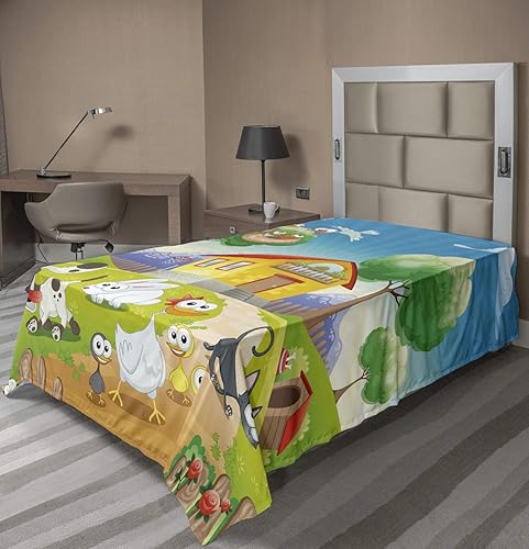 Lunarable Sábana encimera de animales, paisaje de casa de campo, pollo, conejo, perro, gato, dibujos animados, divertido arte para niños, tema