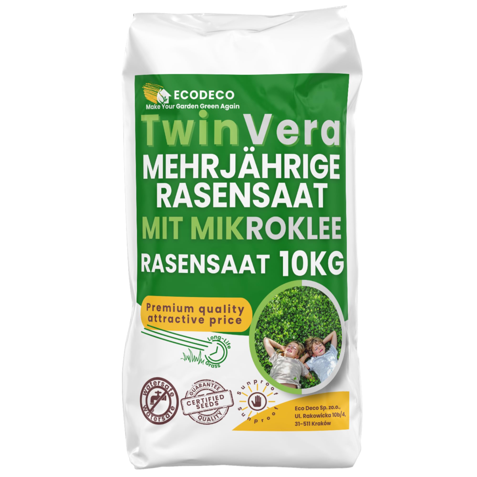 ECODECO Rasensamen mit Mikroklee Pipolina 10 kg für 400 m² | Trockenheitsresistenter, Selbstverdickender Rasen – Grassamen für die Nachsaat im Frühling