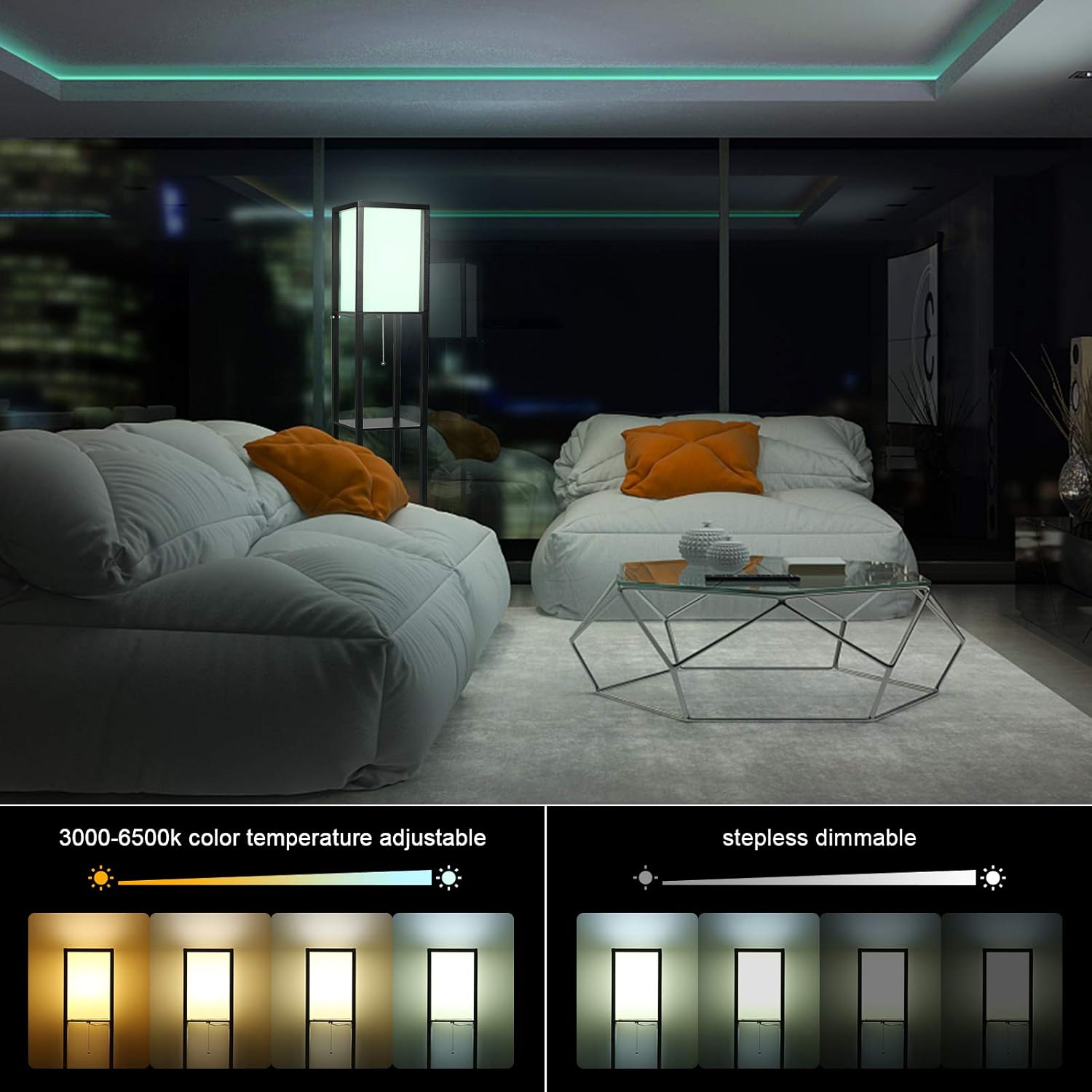 Illustration of adjustable color temperature and dimming for the Tomshine lamp
