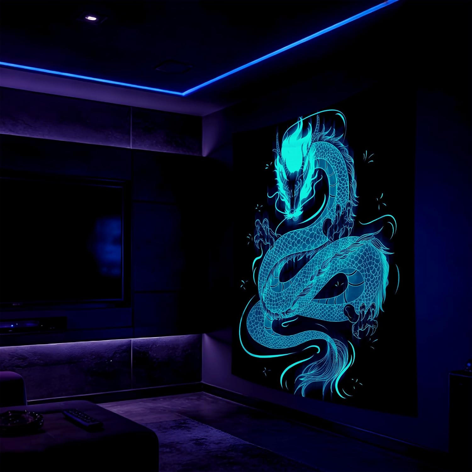 QGHOT Blacklight Dragon Tapestry Wall Hanging Glow in the Dark Cool Japanese Dragon Backdrop Black Light Uv Tapestry for Teen Boys Bedroom Mens Room Wall Deocr 90"x70"
