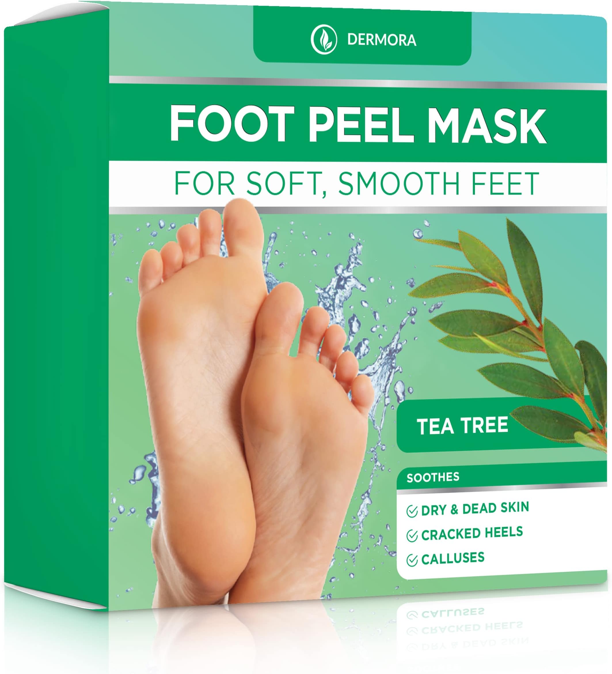 DERMORA Foot Peel Mask - 4 Pack of Regular Size Skin Exfoliating Foot Masks for Dry, Cracked Feet, Callus, Dead Skin Remover - Feet Peeling Mask for baby soft feet, Tea Tree Scent