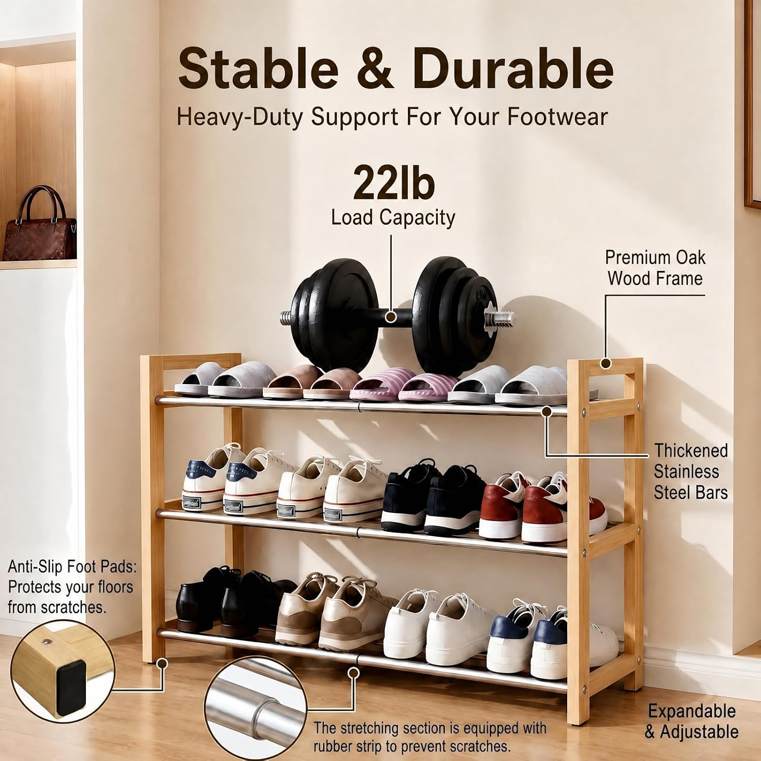 Shoe Rack Wooden, Oak Expandable Shoe Organizer, 3-Tier Stainless Steel Shoe Shelf, 17.7“-31.4” Shoe Storage 6-12 Pairs, for Closet, Garage, Narrow Spaces, Entryway, Door Entrance